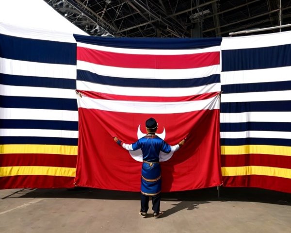 Traditional attire person holding large Thai flag indoors