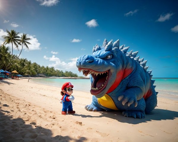 Video game character encounters blue dinosaur on tropical beach.