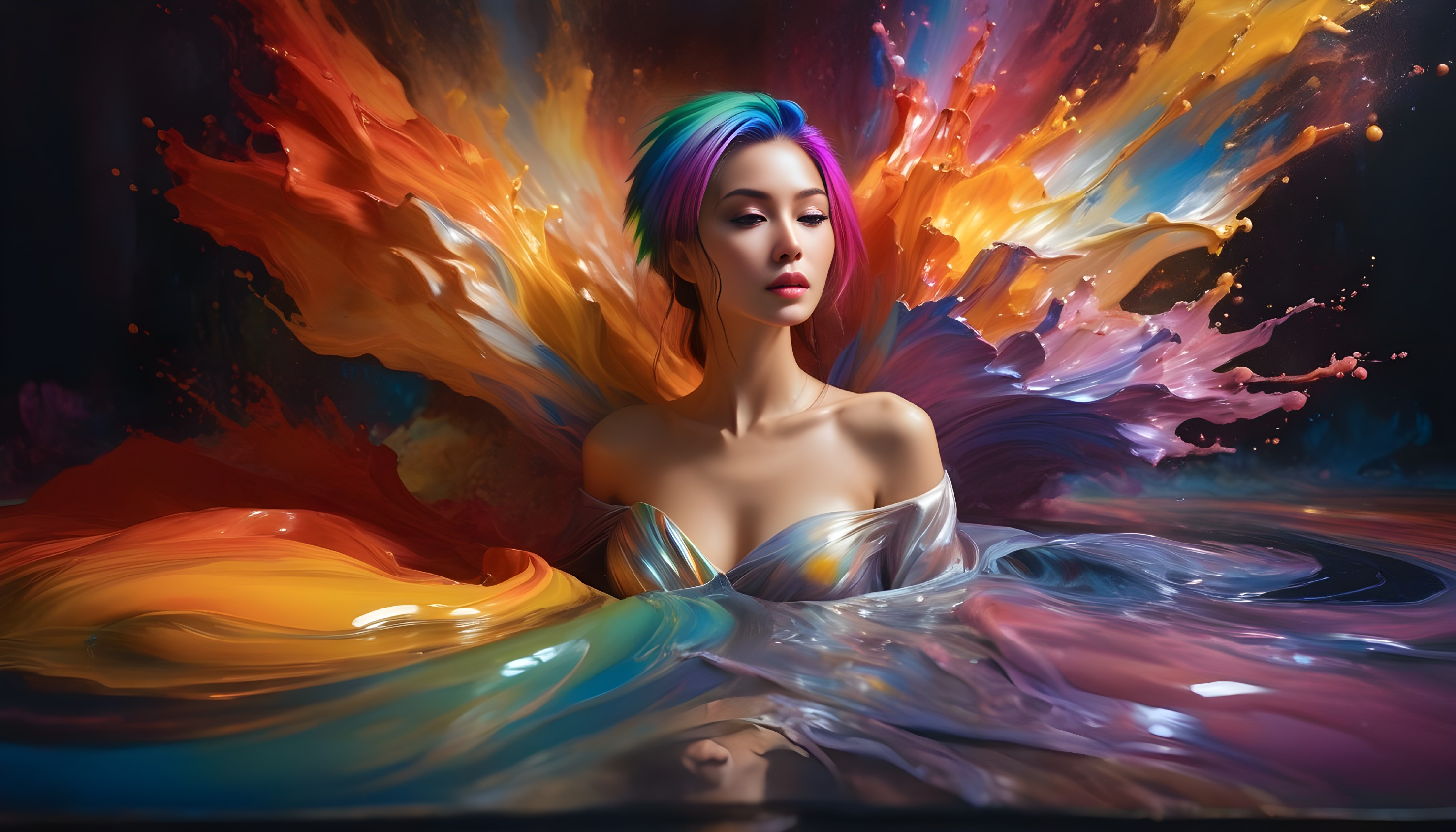 Woman Surrounded by Colorful Swirling Paint Explosion
