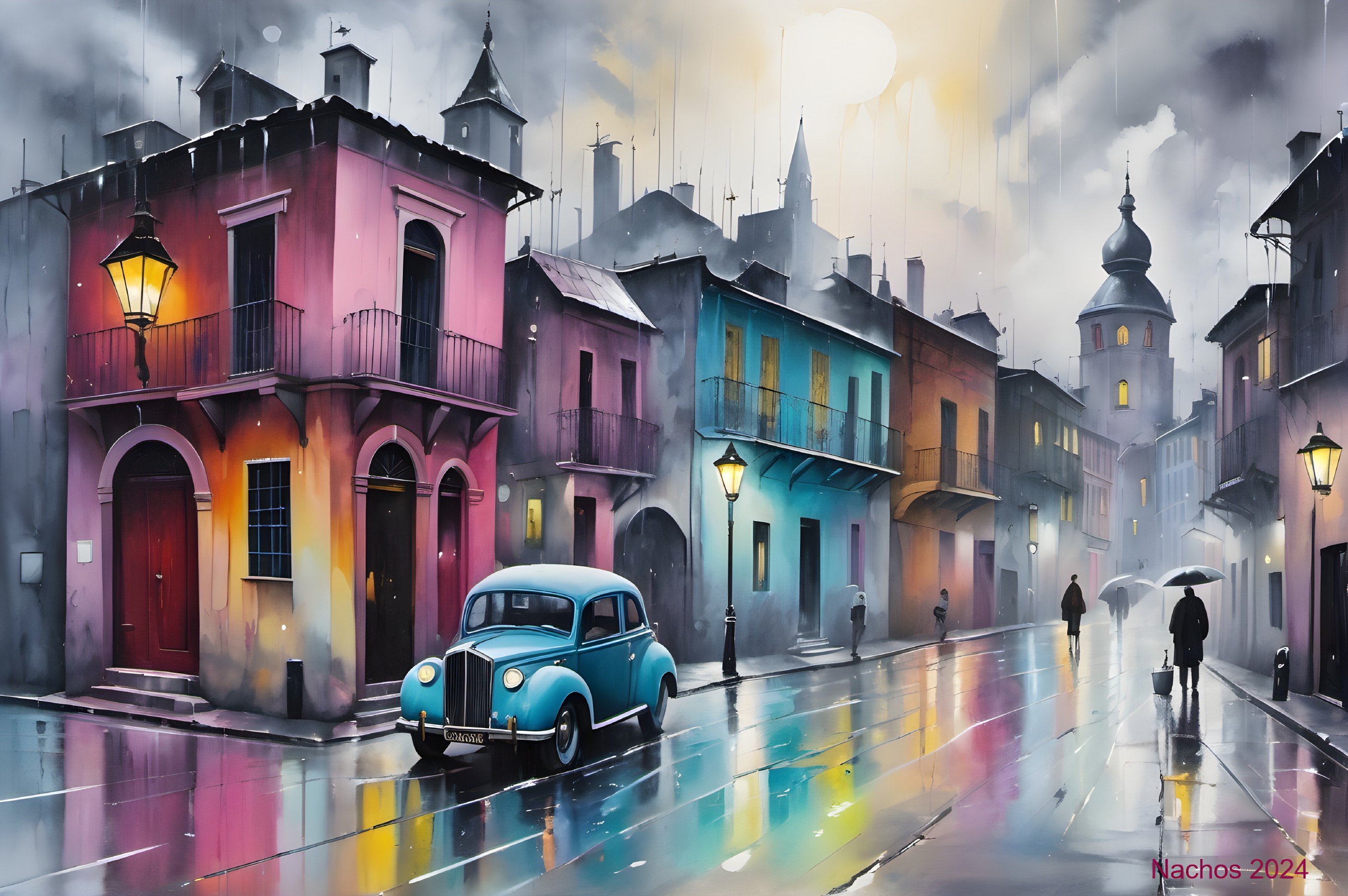 Vibrant Rain-Soaked Street Scene with Colorful Buildings
