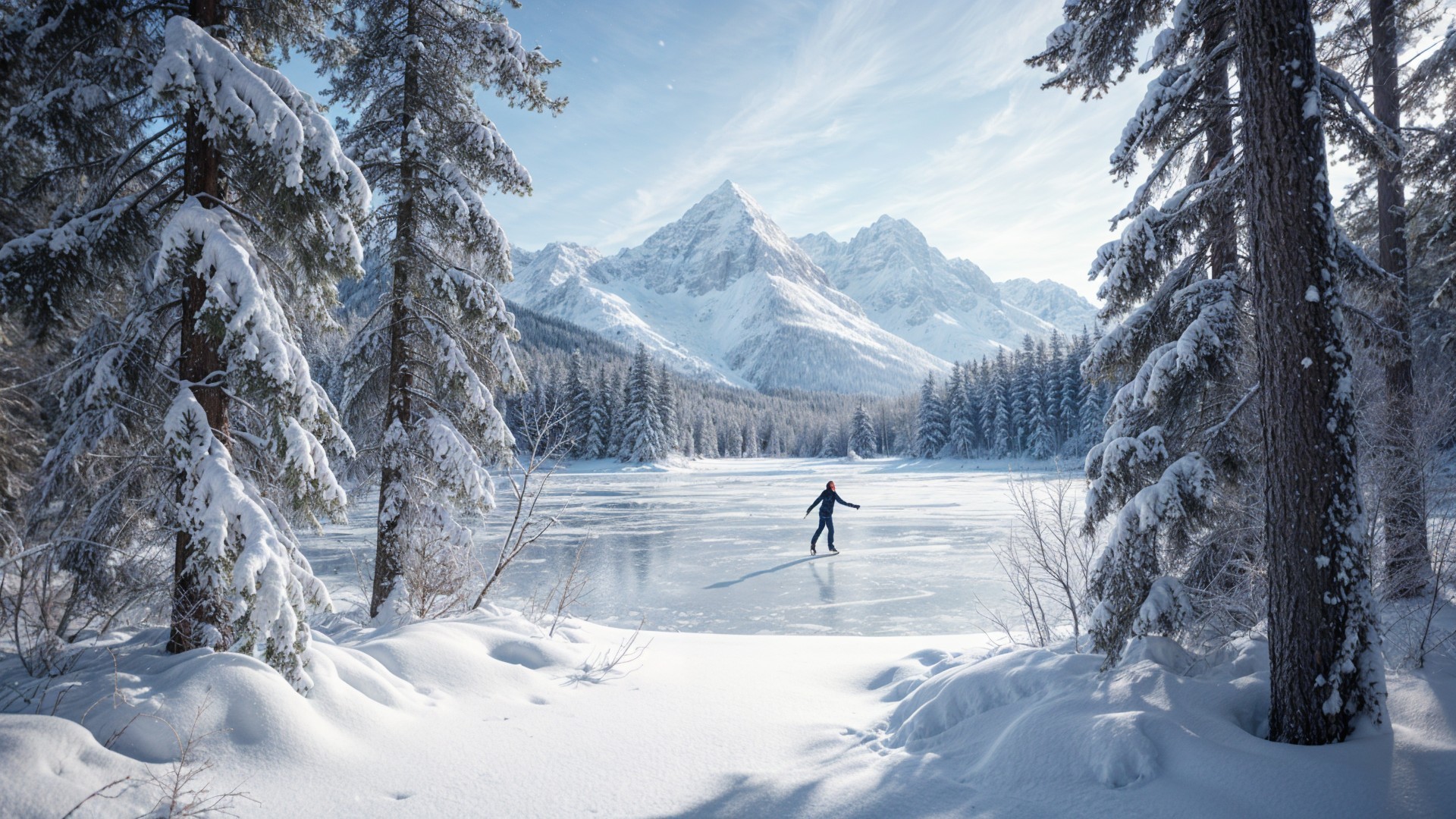 Serene winter landscape with frozen lake and mountains