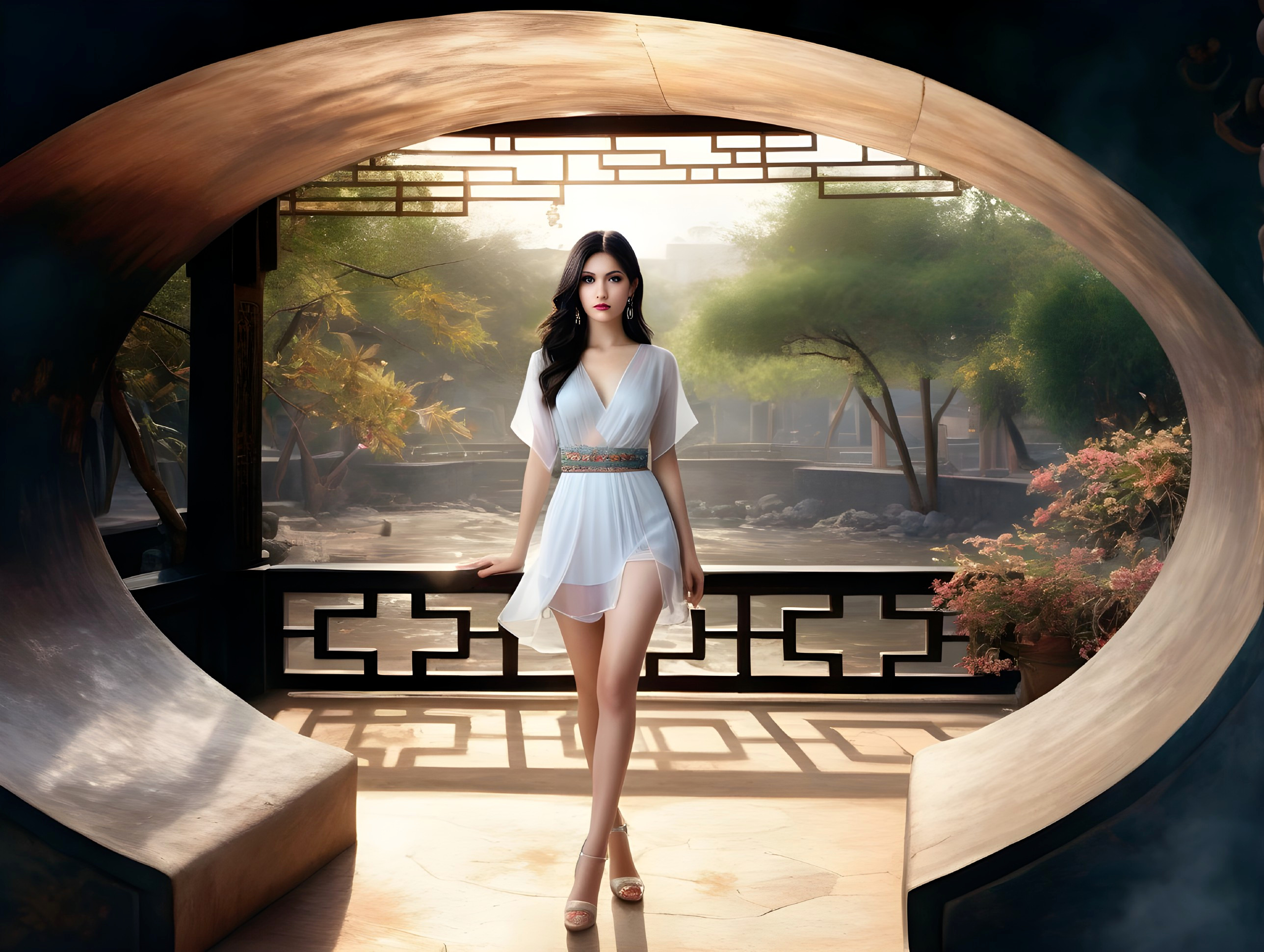 Woman in White Dress in Traditional Architectural Setting