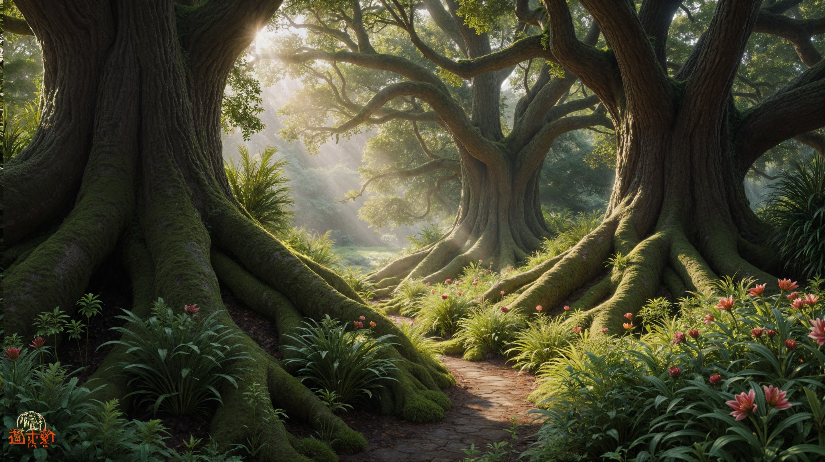 Serene forest scene with golden light and lush greenery