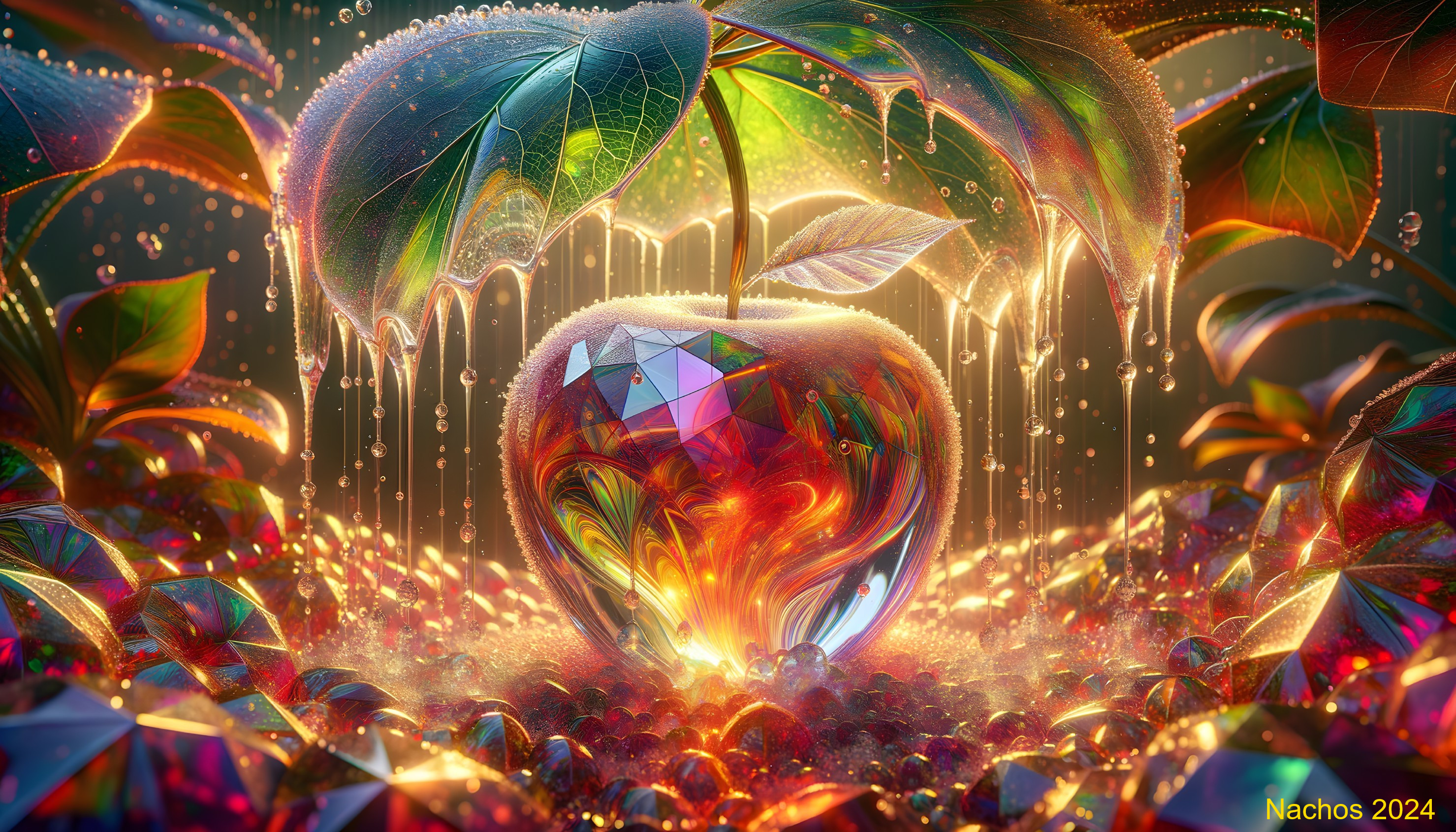 Crystalline Apple Surrounded by Lush Green Leaves