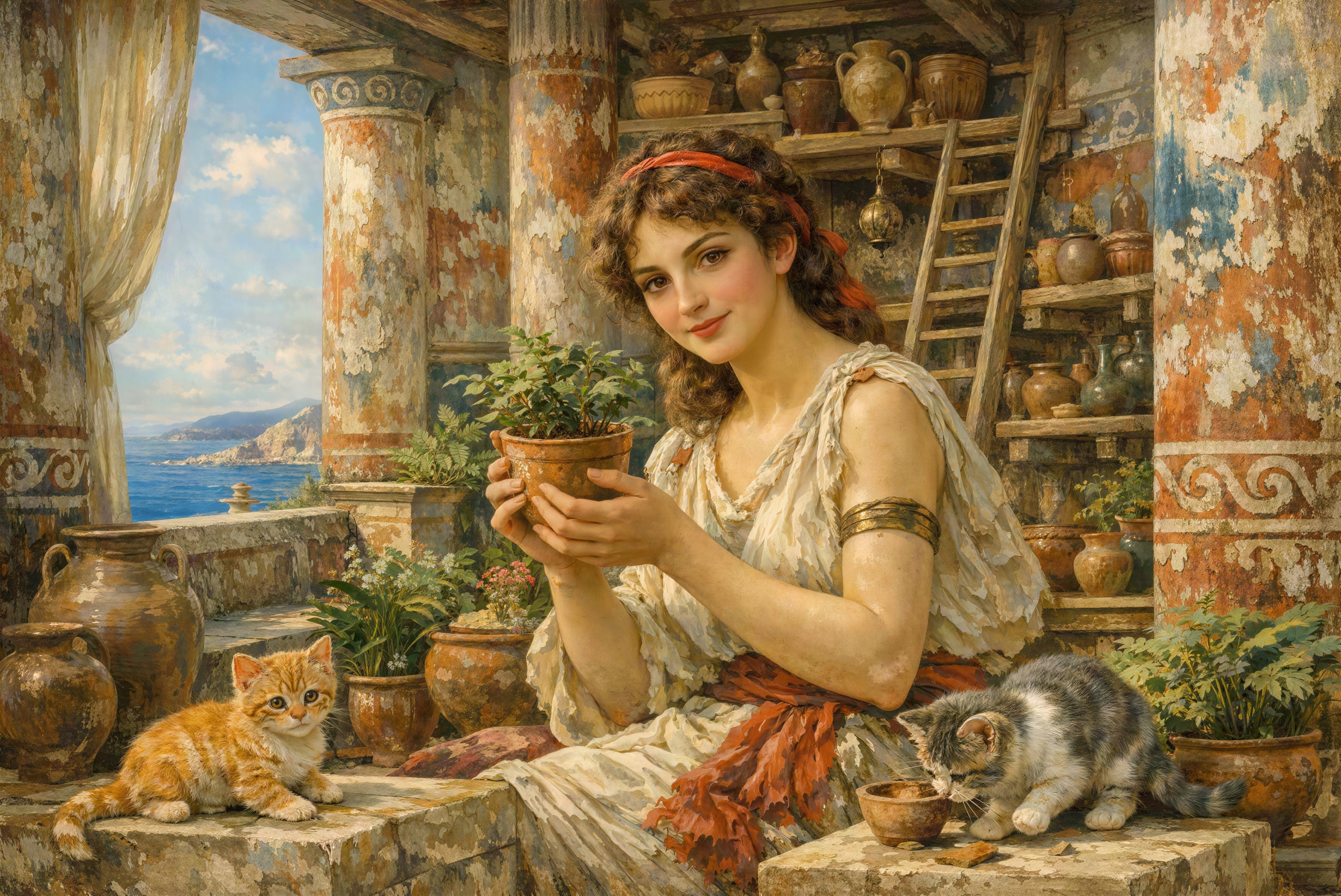 Oil Painting of a Young Woman with Kittens on Patio