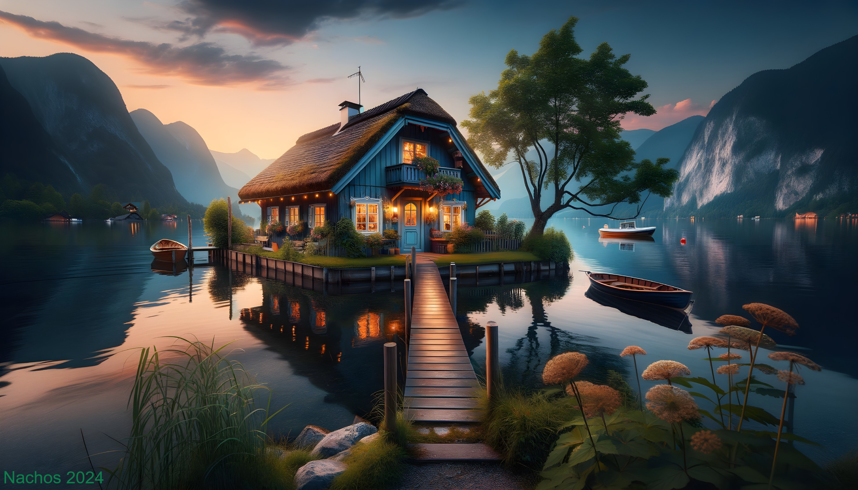 Blue Cottage by Tranquil Lake at Sunset