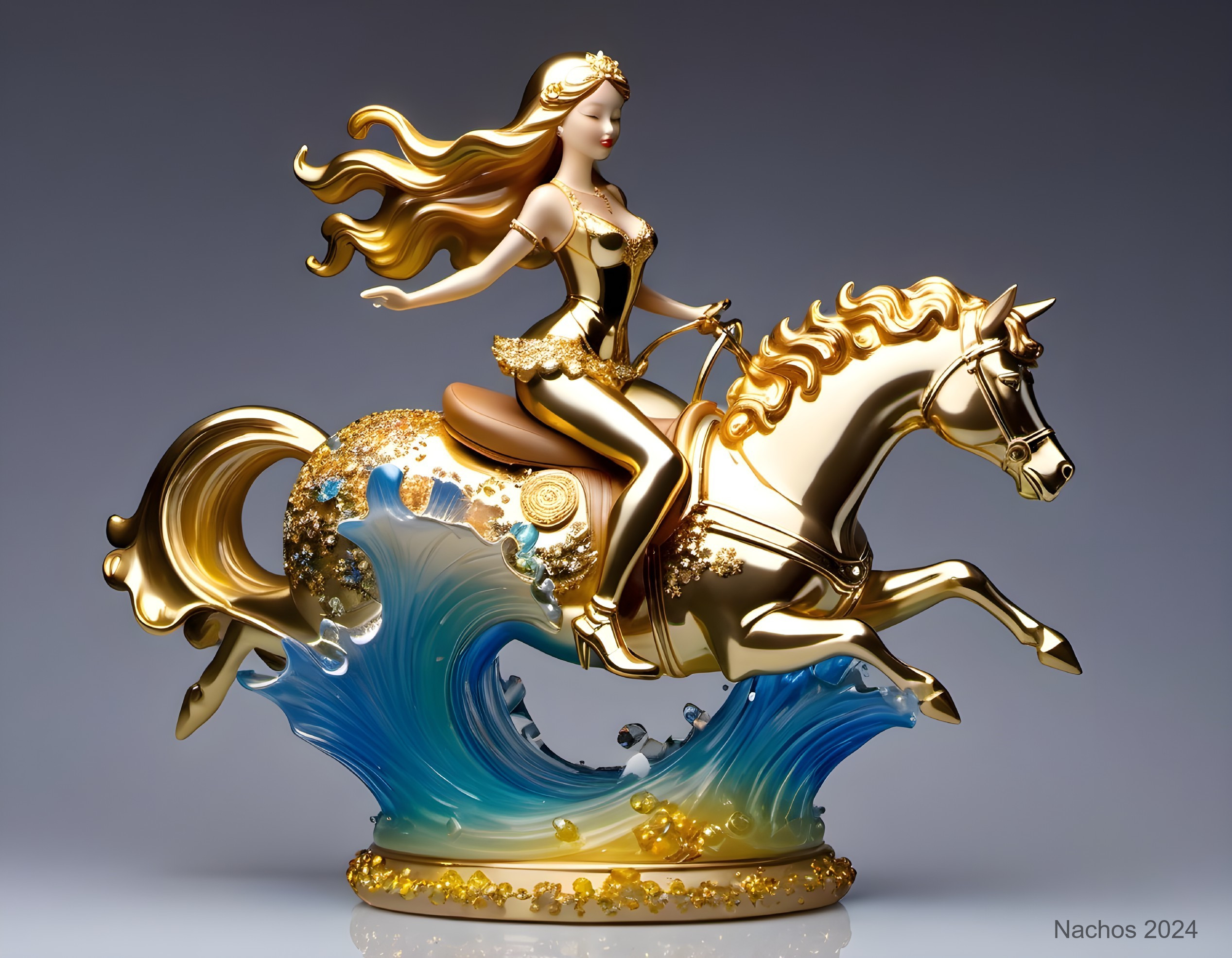 Golden Figurine of Woman on Horse with Aquatic Base