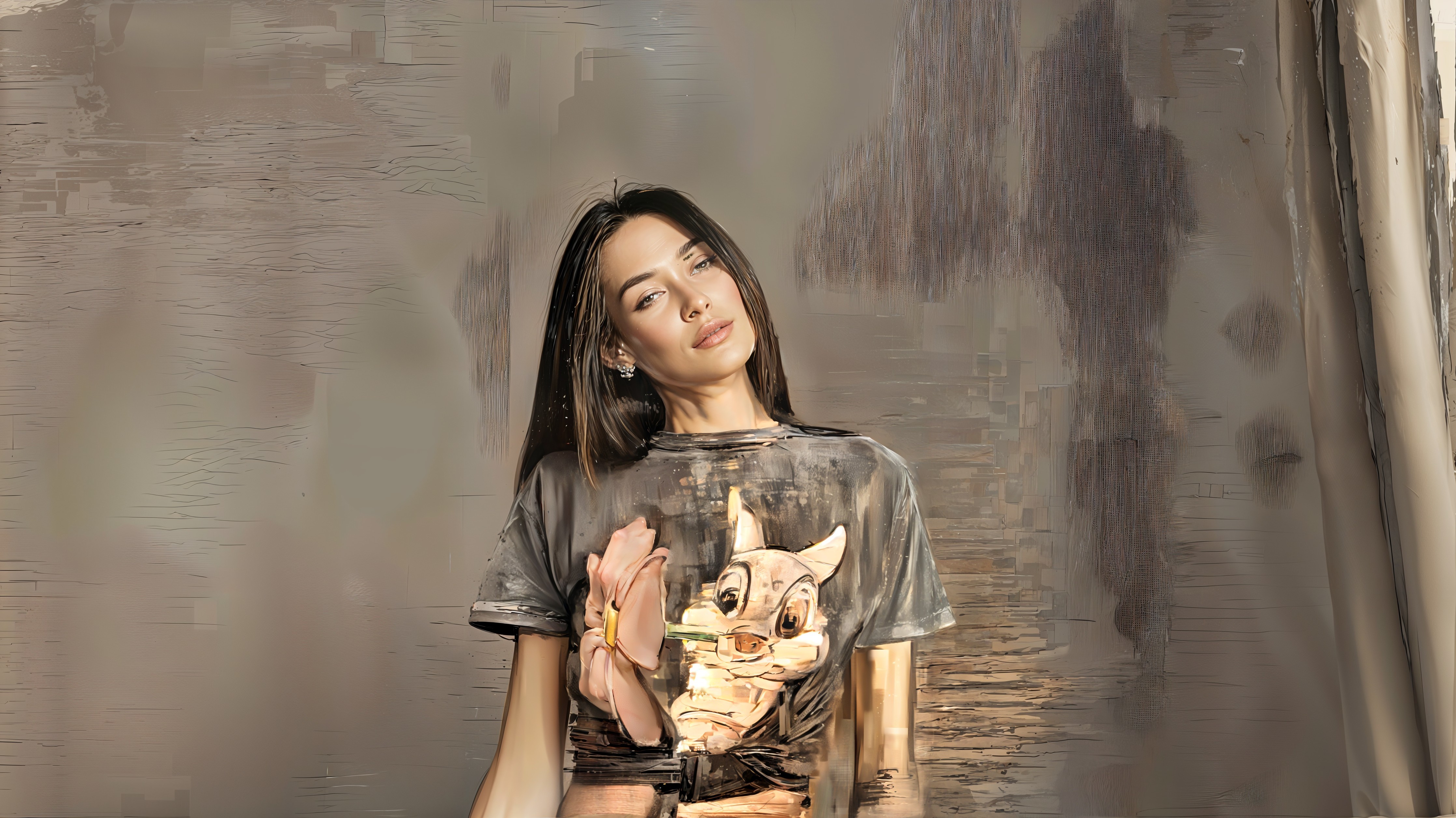 Young Woman in Graphic T-Shirt Against Textured Background