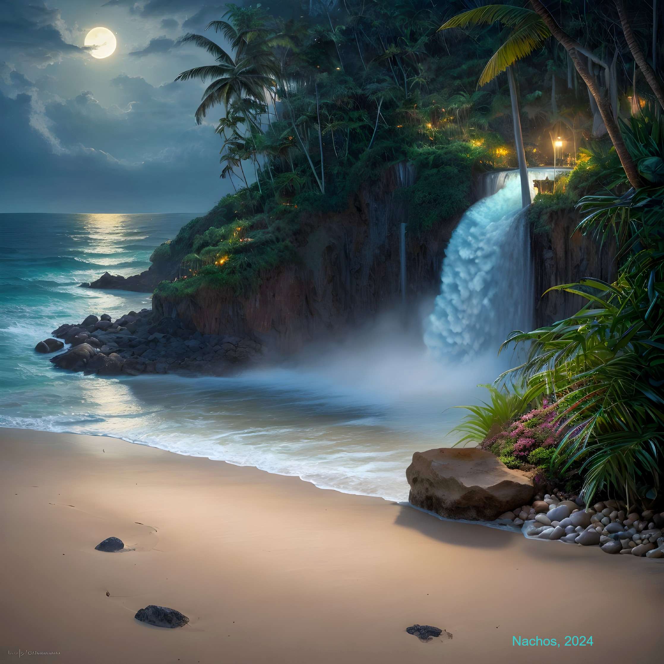 Tropical Landscape with Waterfall and Moonlight Reflections