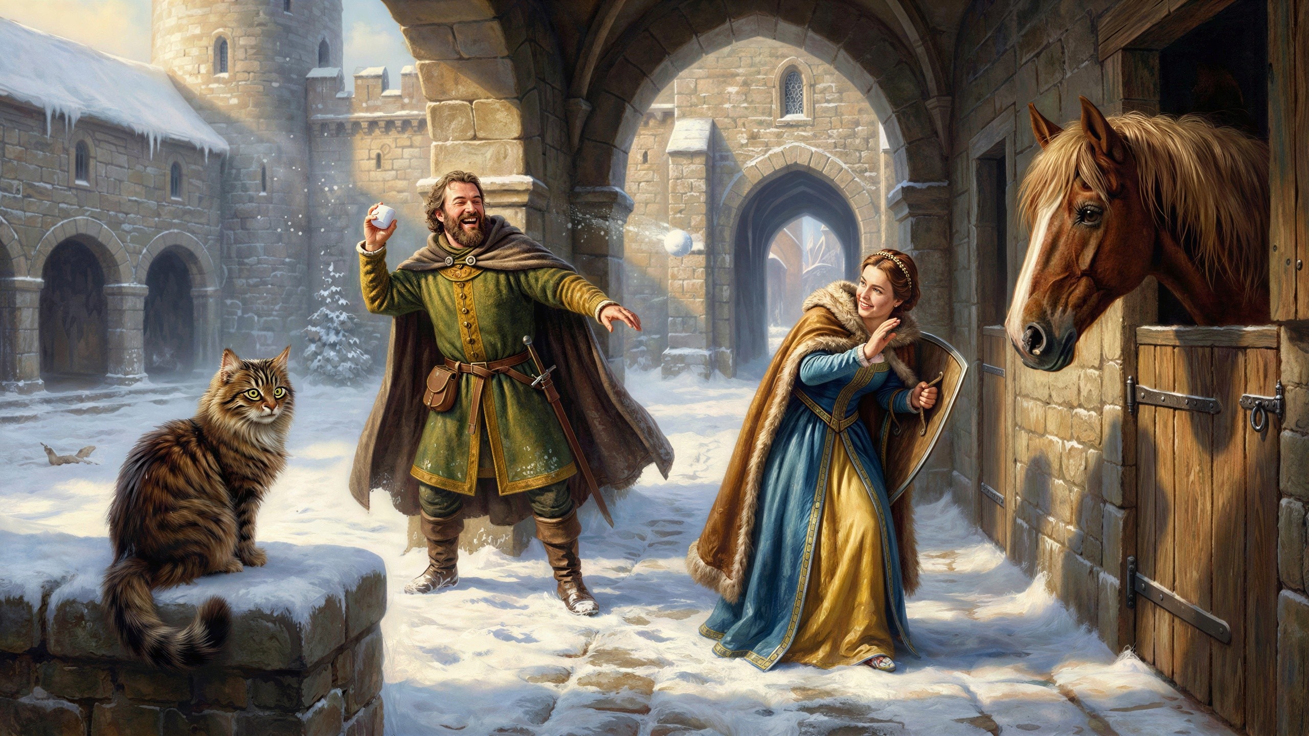 Medieval Snowball Fight in Castle Courtyard Scene