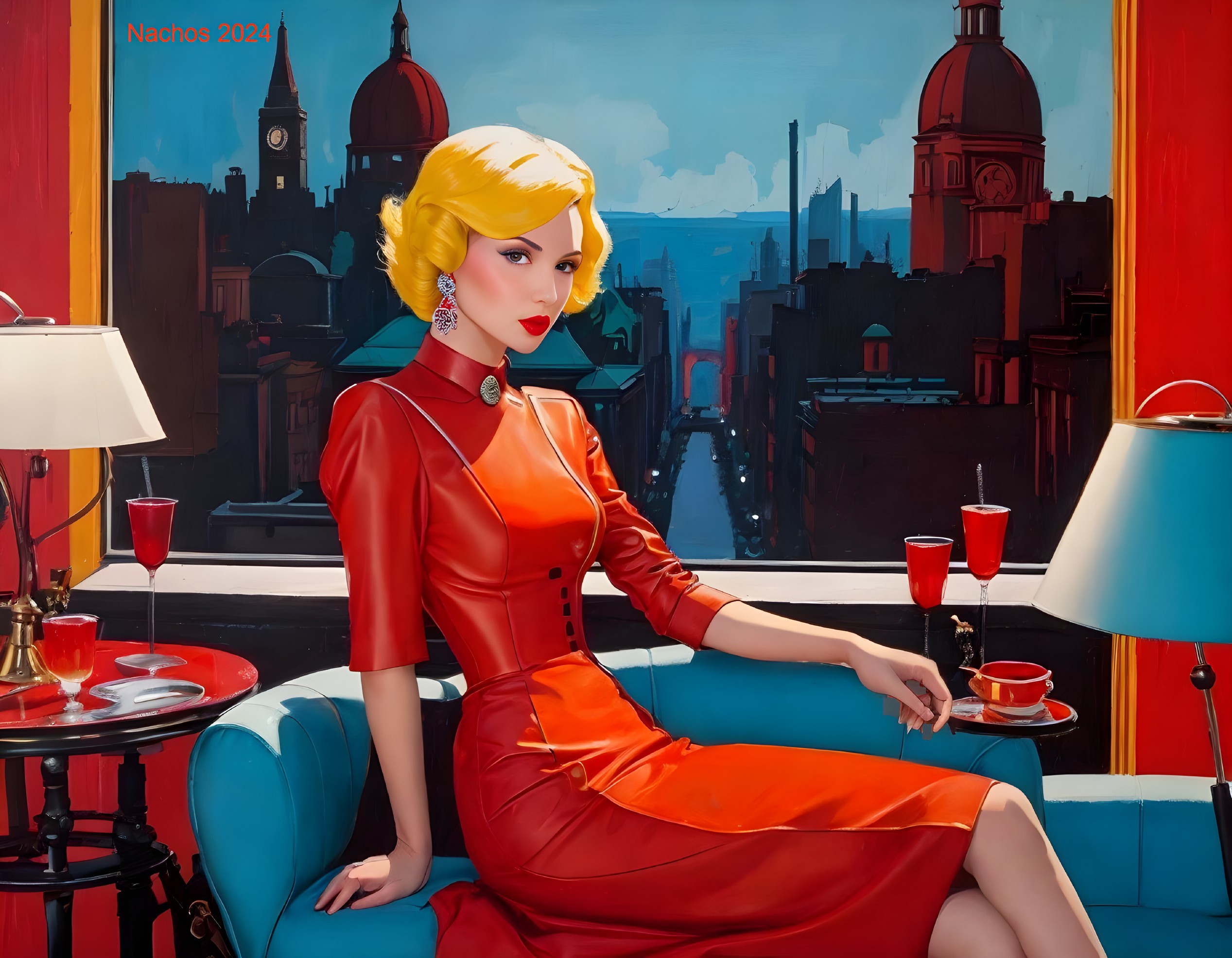 Glamorous Woman in Red Dress on Blue Couch with Skyline