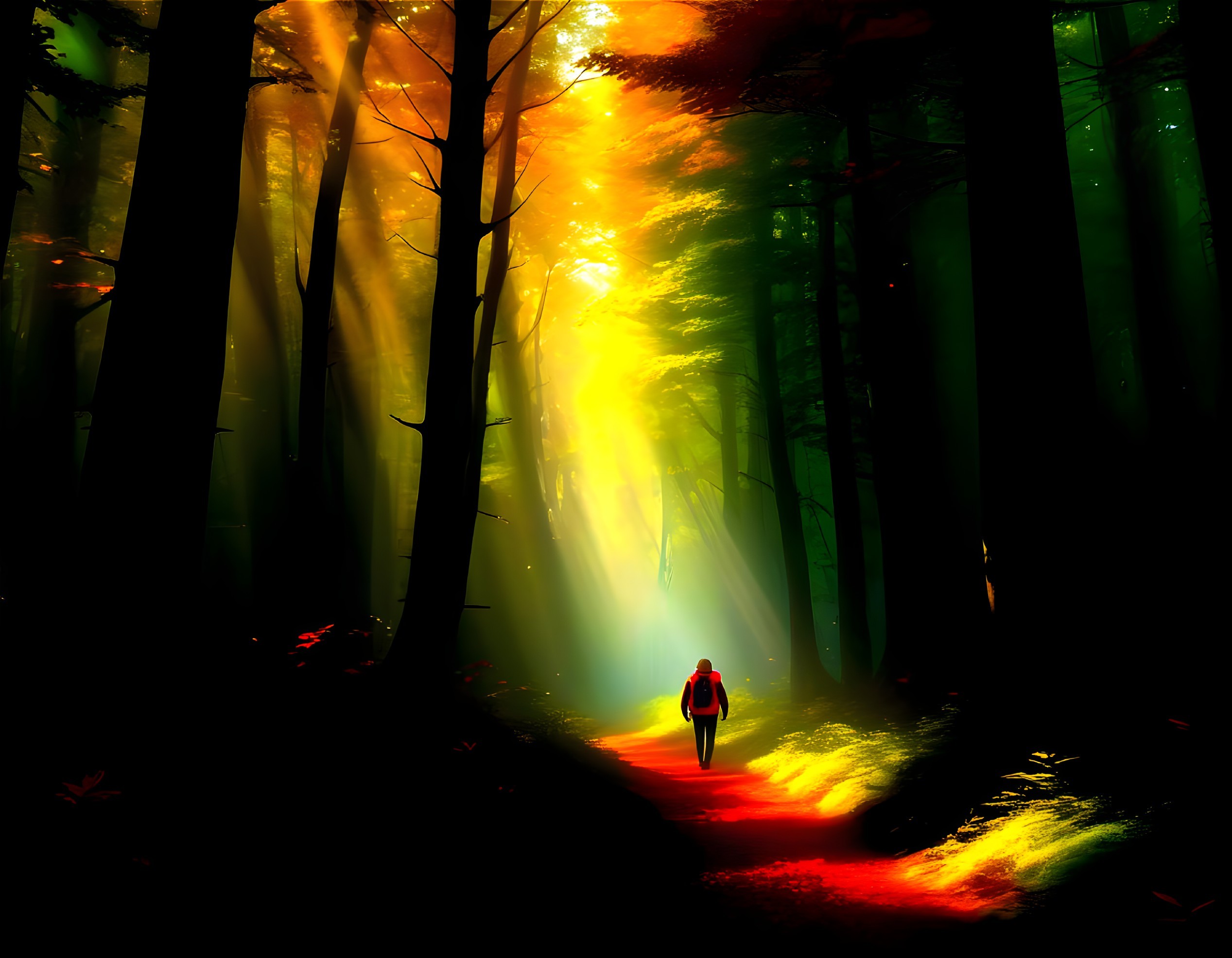 Solitary Figure Walking on Winding Forest Path