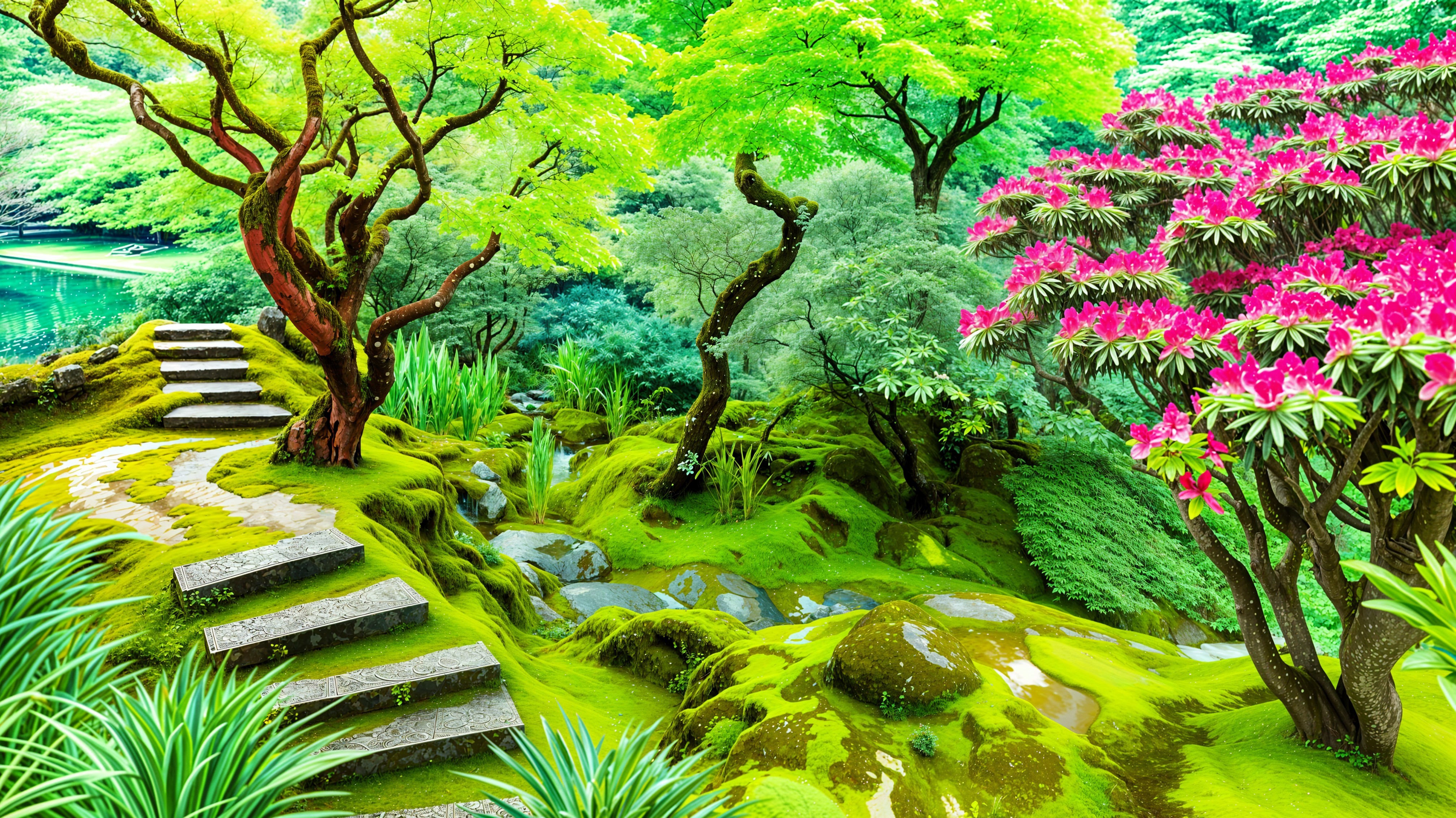 Serene Garden Scene with Lush Greenery and Pond