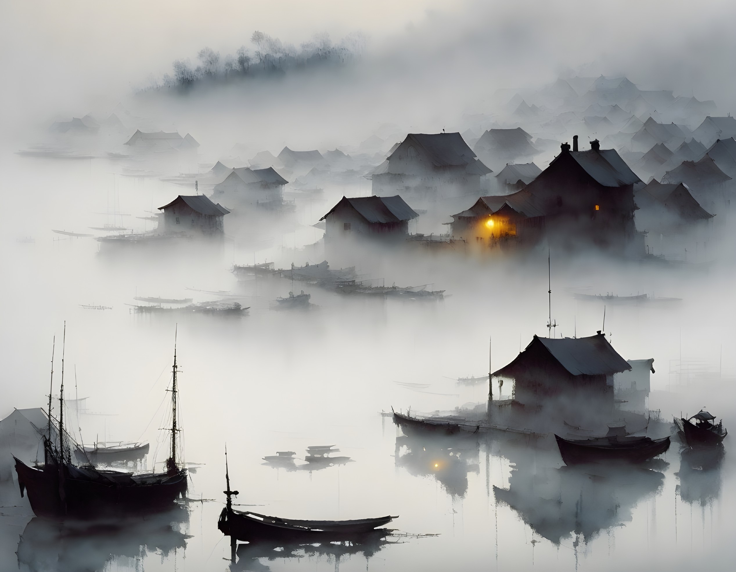 Tranquil Misty Landscape with Silhouetted Boats