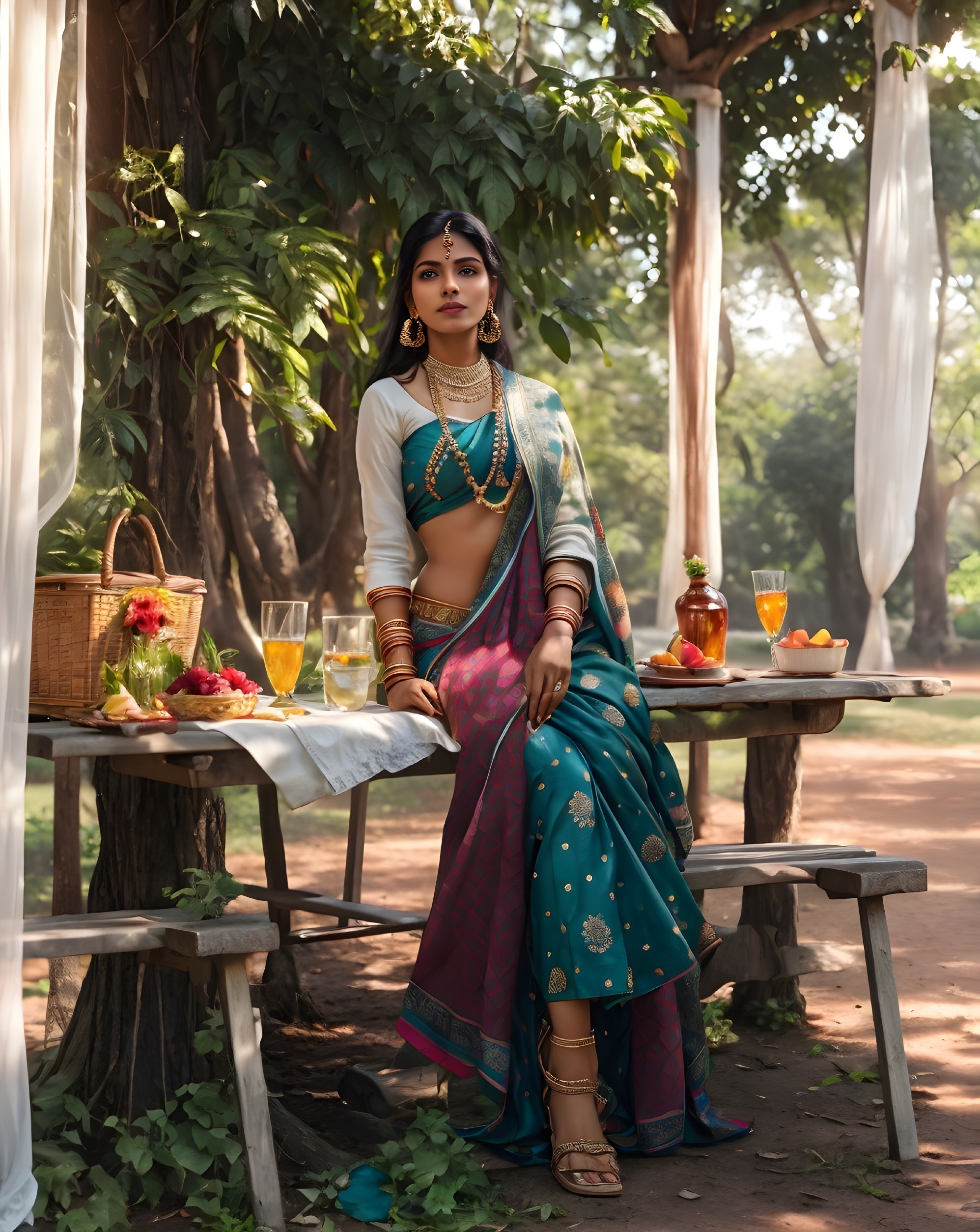 Traditional Indian Attire Woman Sitting Outdoors with Drinks and Fruit