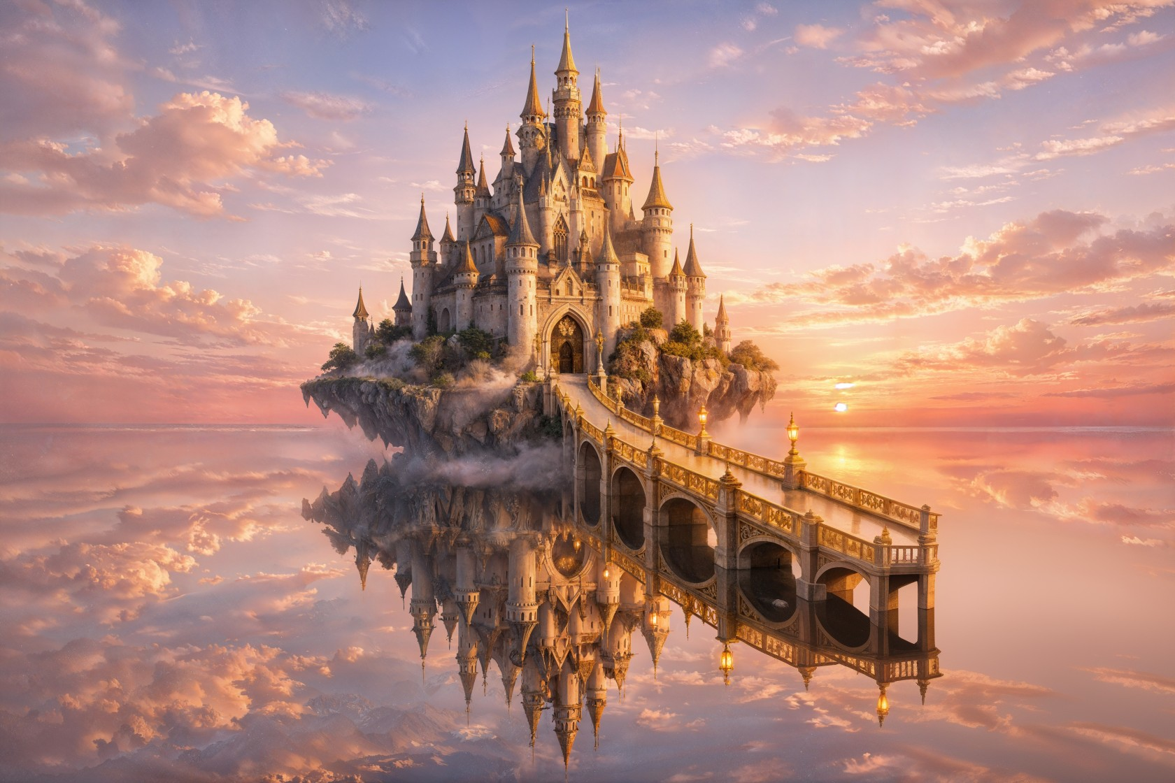 Fantasy castle on a floating island at sunset