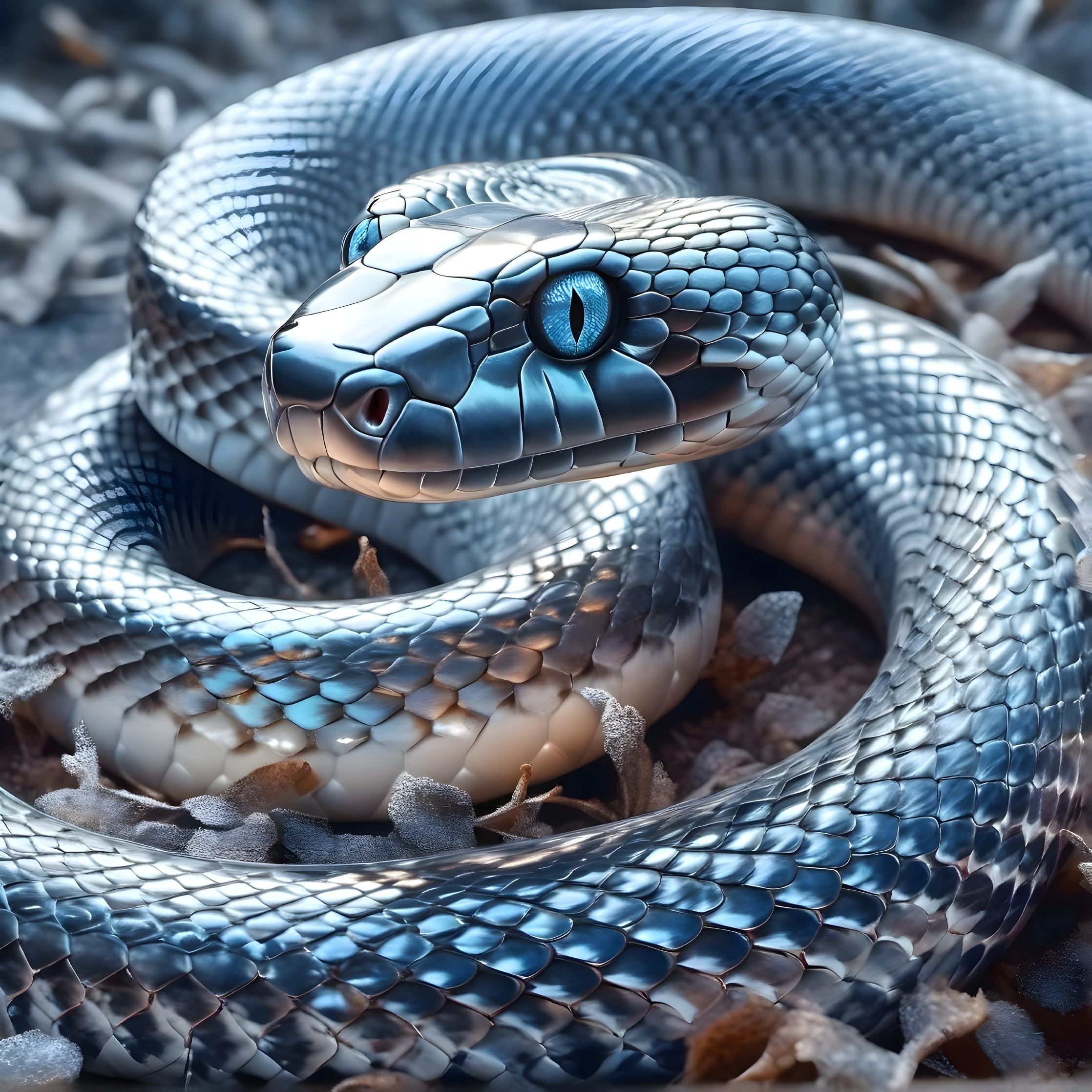 Iridescent Blue and Silver Snake Among Dried Leaves