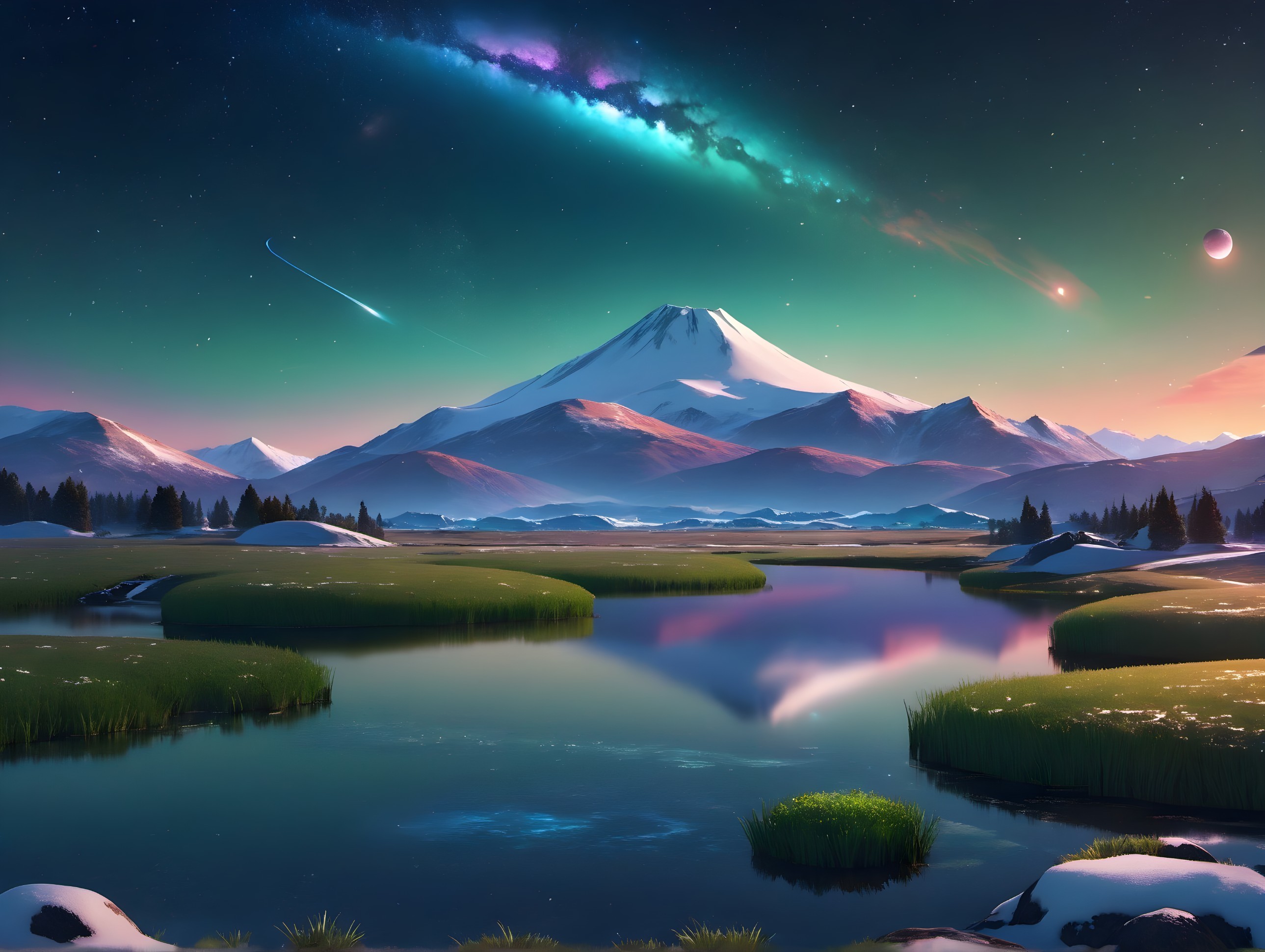 Mountain Reflection in Calm Lake Under Starry Sky