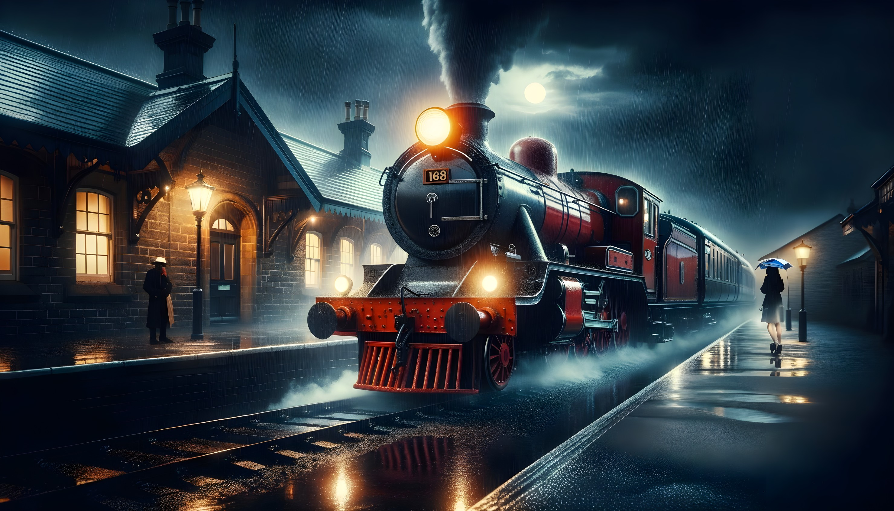 Vintage steam train at a rainy nostalgic station