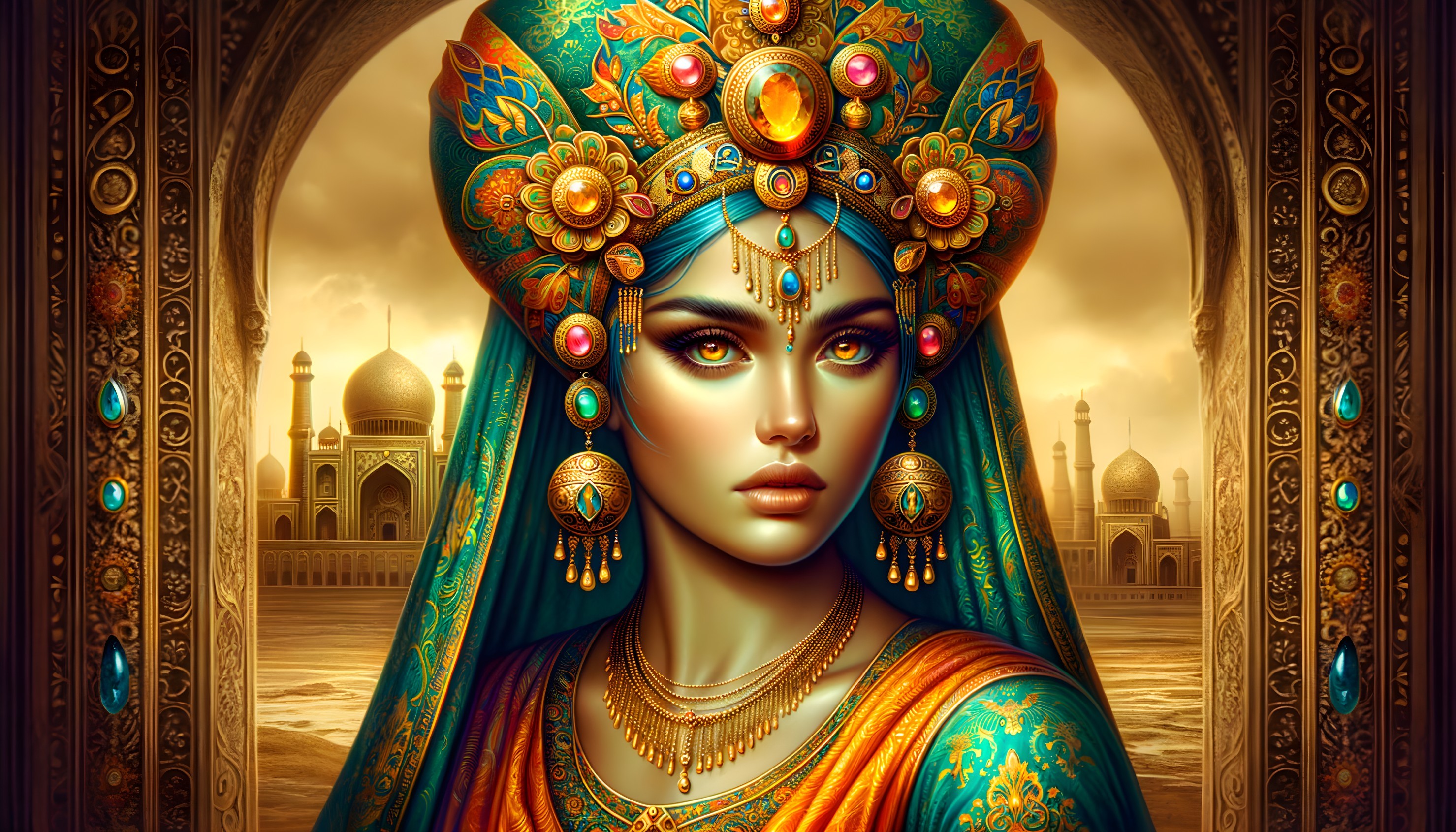 Regal Woman in Vibrant Traditional Attire and Jewelry