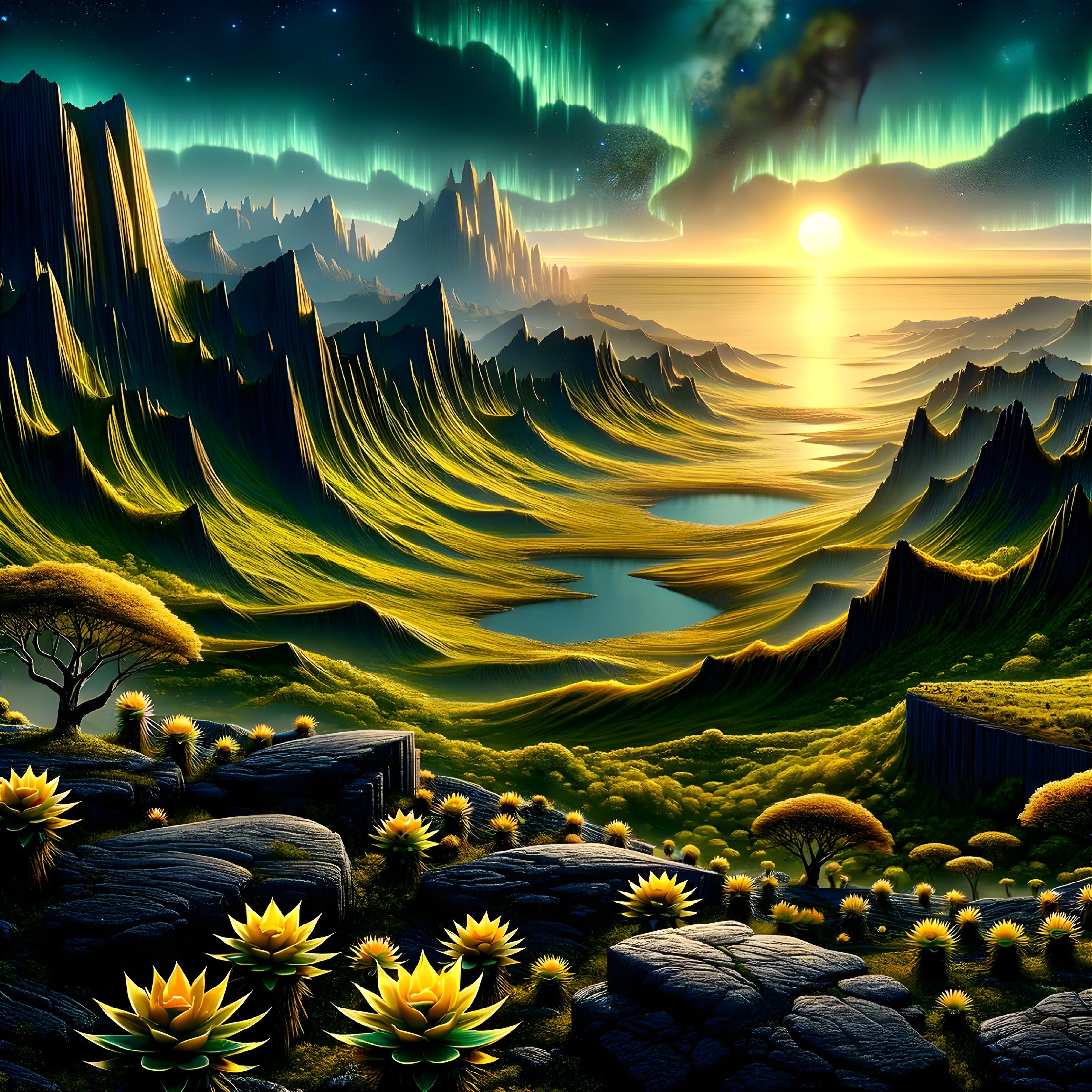 Surreal Landscape with Hills, Mountains, and Auroras