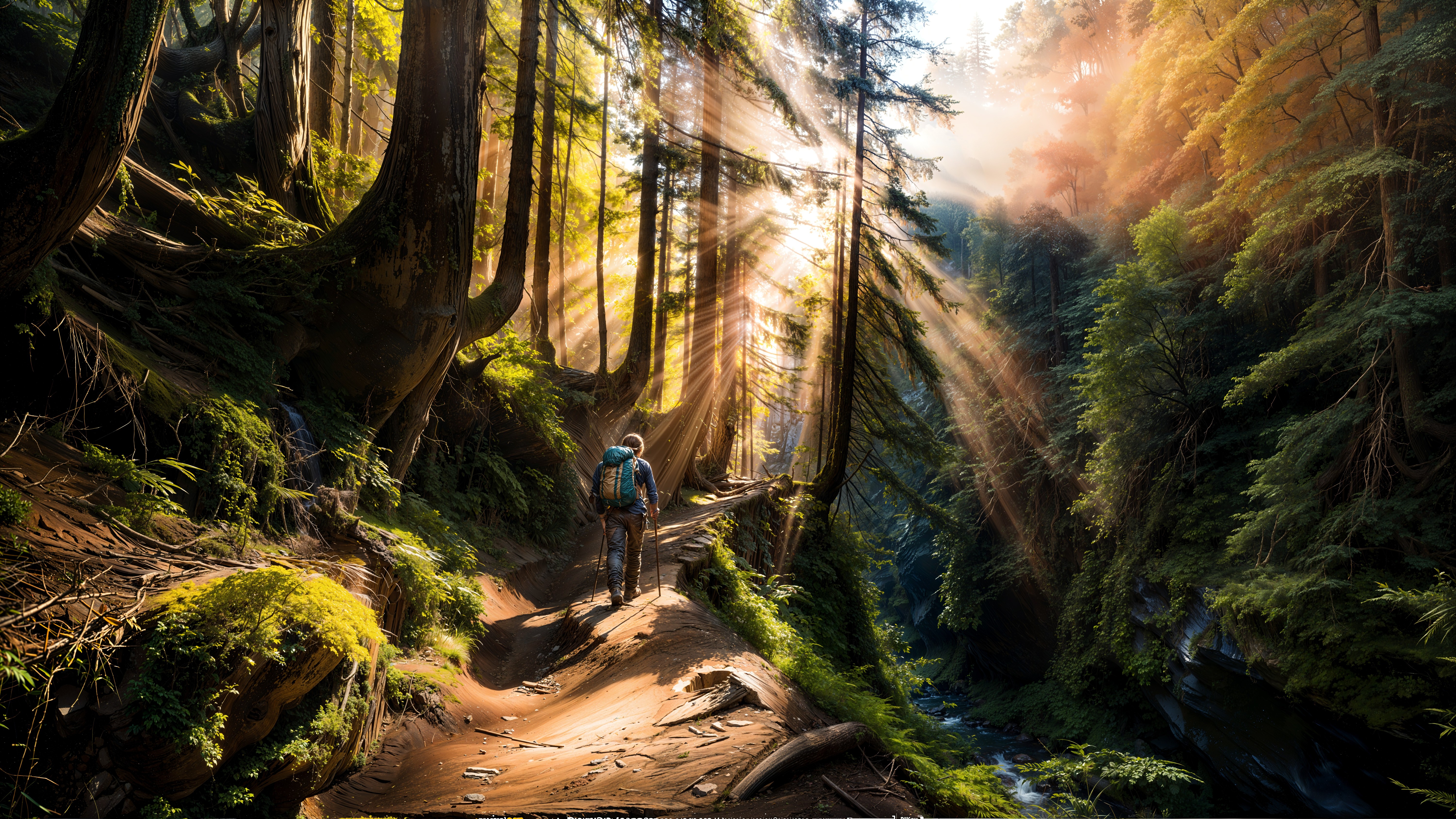 Hiker on Winding Path Through Dense Forest Landscape