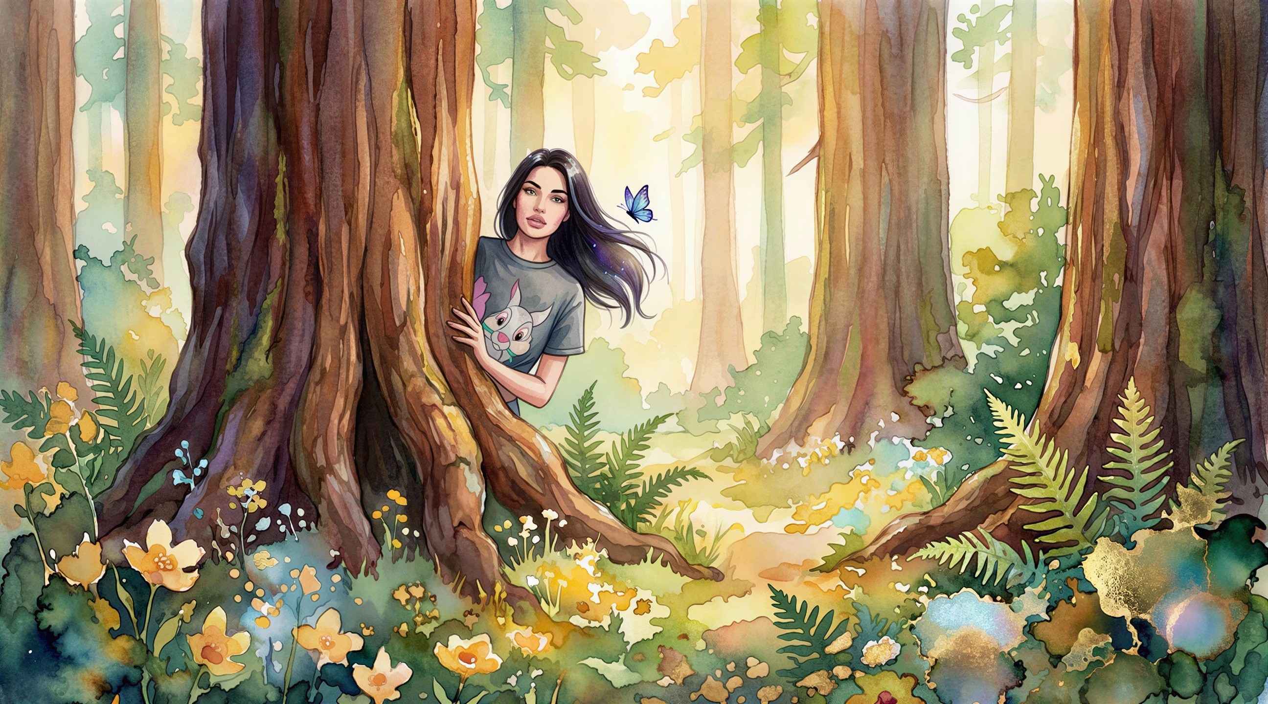 Watercolor Painting of Woman in Vibrant Forest Setting