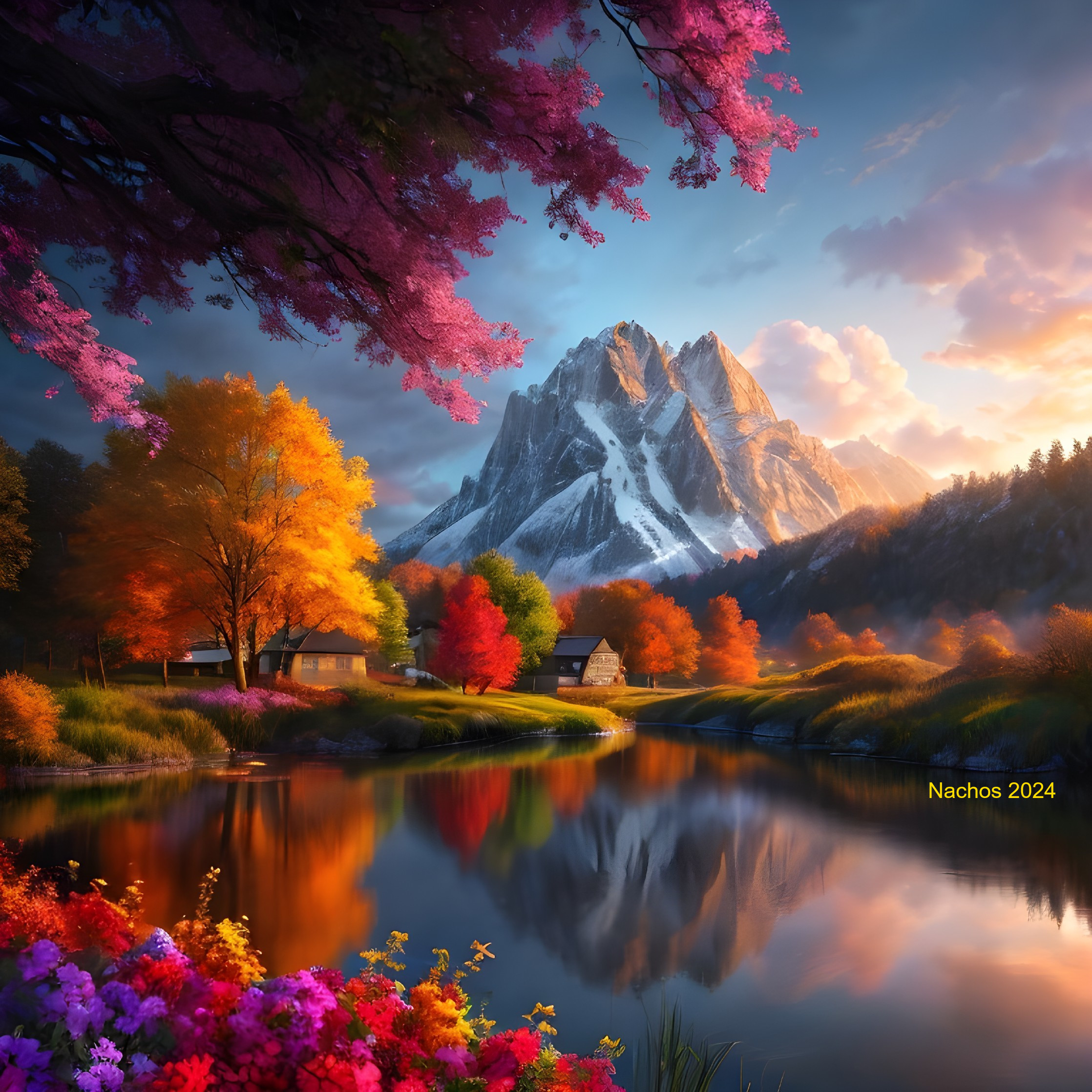 Serene Dawn Landscape with Autumn Foliage and Lake
