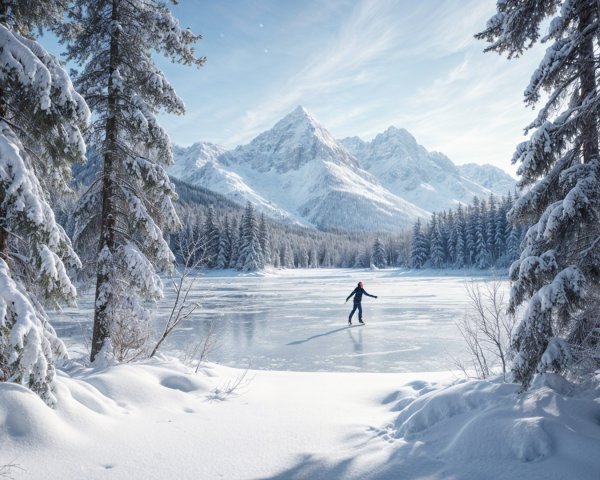 Serene winter landscape with frozen lake and mountains