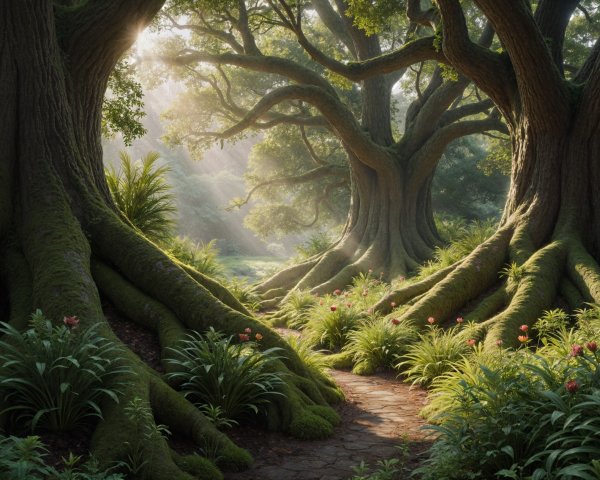 Serene forest scene with golden light and lush greenery