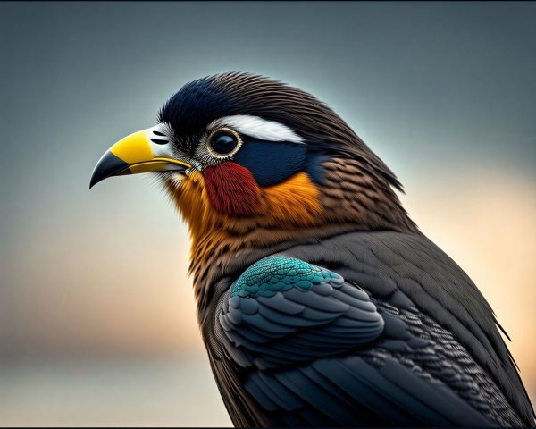 Colorful Bird Close-Up Against Muted Blue-Grey Sky