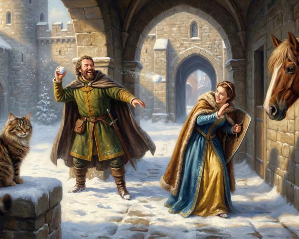 Medieval Snowball Fight in Castle Courtyard Scene