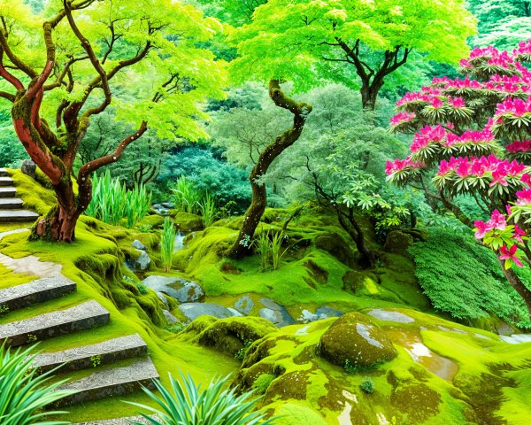 Serene Garden Scene with Lush Greenery and Pond