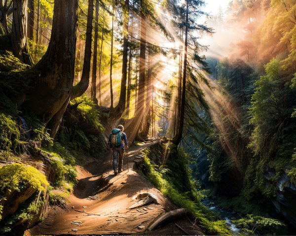 Hiker on Winding Path Through Dense Forest Landscape