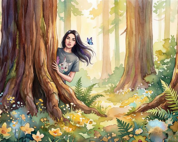 Watercolor Painting of Woman in Vibrant Forest Setting