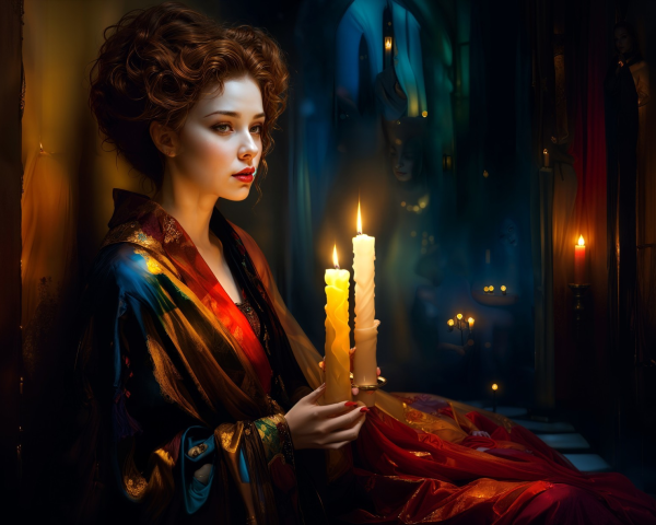 Young woman with red hair in colorful robe and candles