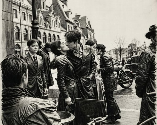 Black and white city street photograph of a couple kissing