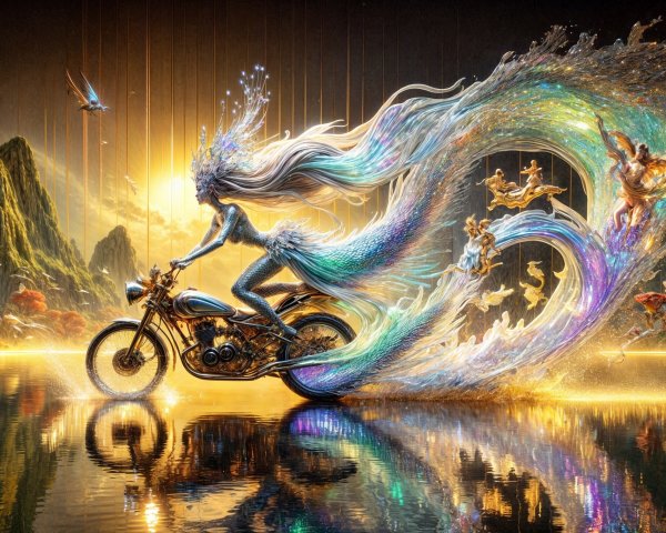 Mythical Figure on Motorcycle in Surreal Landscape