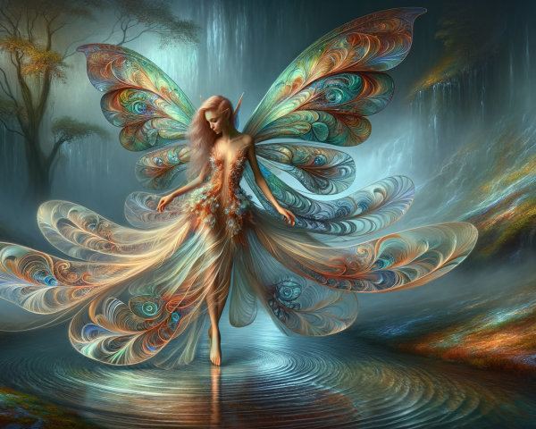 Fairy with Peacock Wings in Mystical Forest Setting