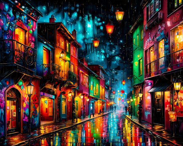 Colorful Nighttime Street Scene with Vibrant Lights