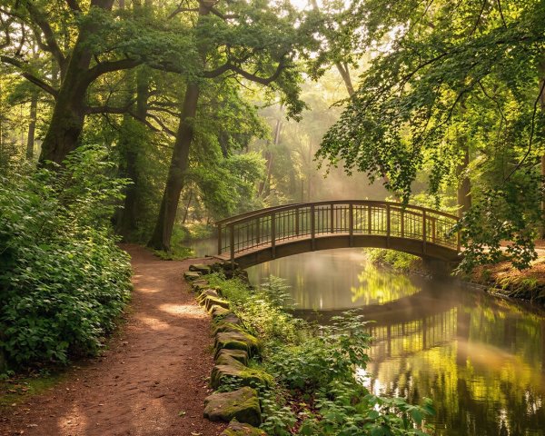 Lush Green Forest with Wooden Bridge over Calm River