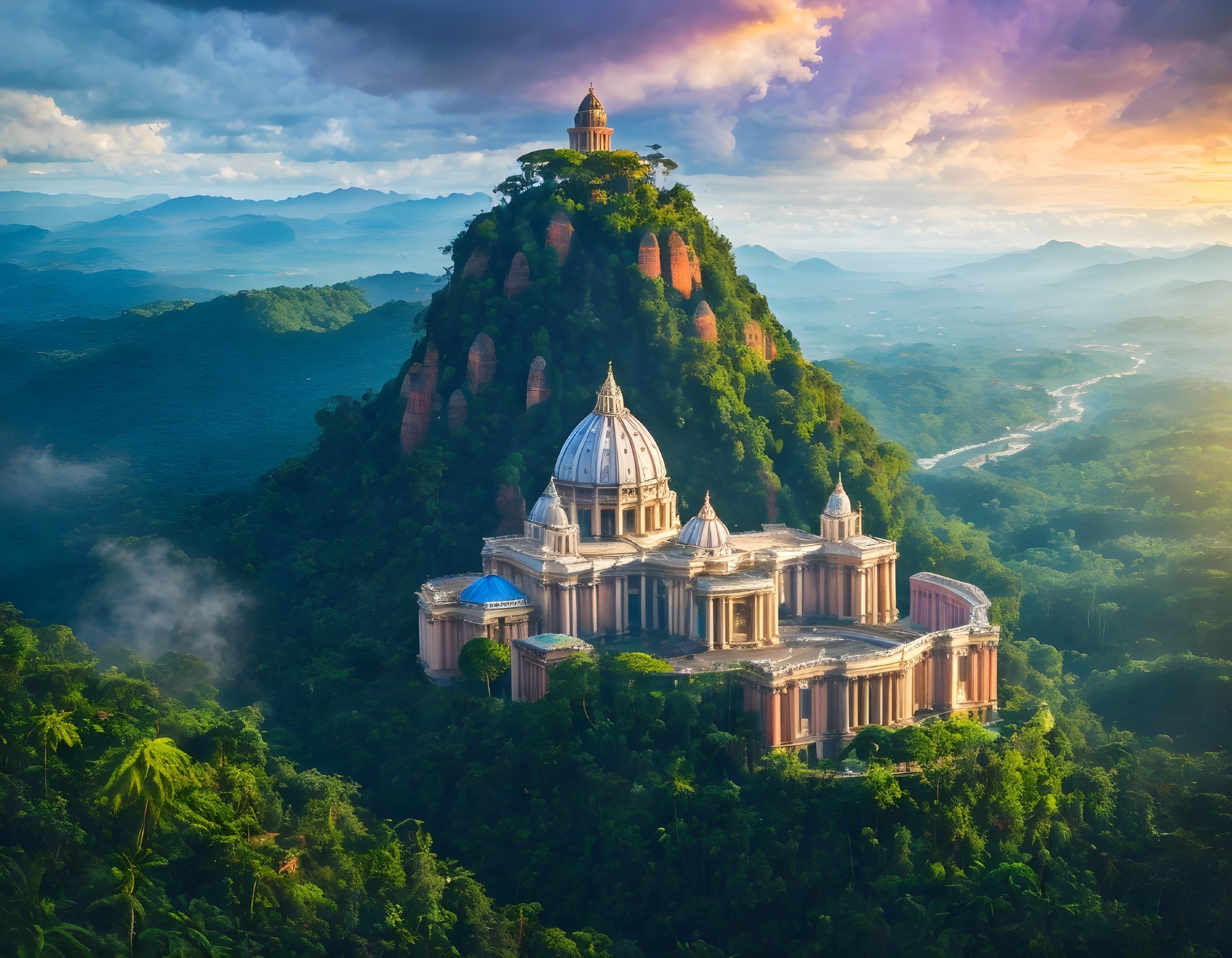 Ethereal castle atop a lush green mountain landscape