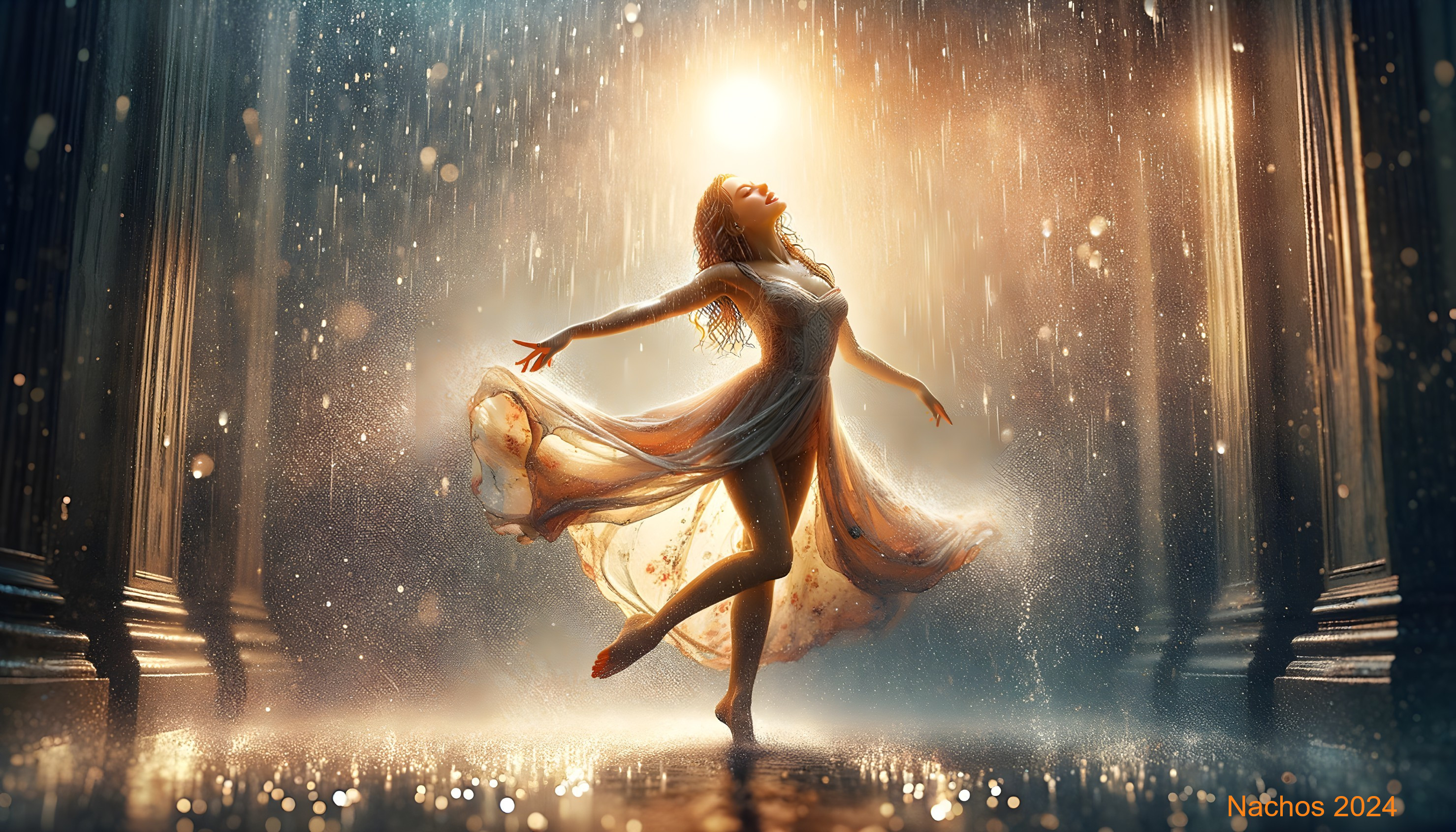 Dancer in Sunlight Surrounded by Cascading Rain