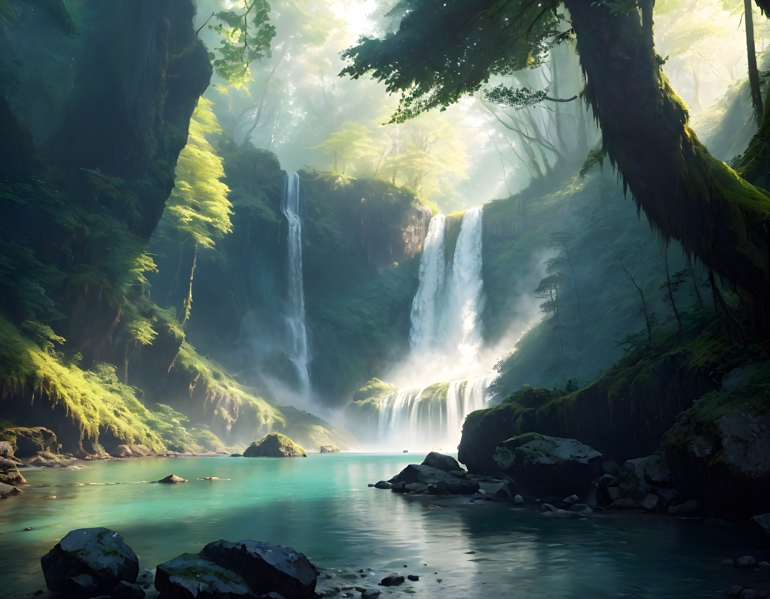 Tranquil forest scene with dual waterfalls and blue pond