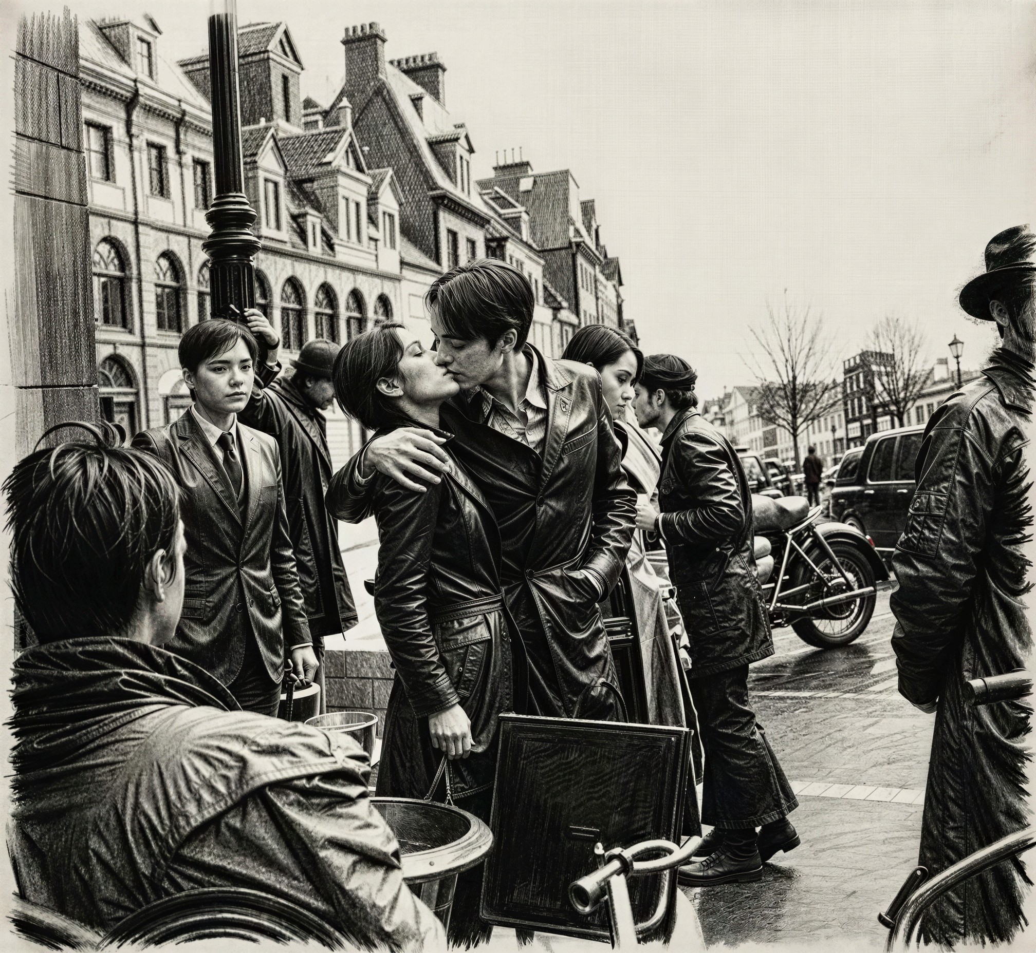 Black and white city street photograph of a couple kissing