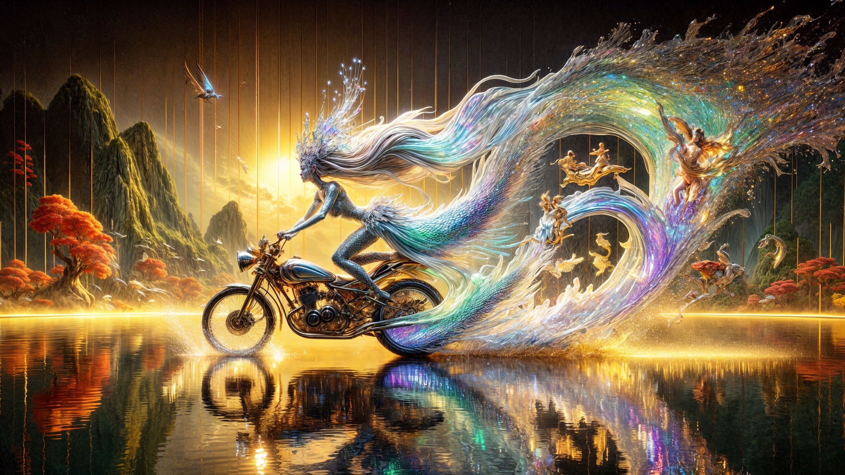 Mythical Figure on Motorcycle in Surreal Landscape