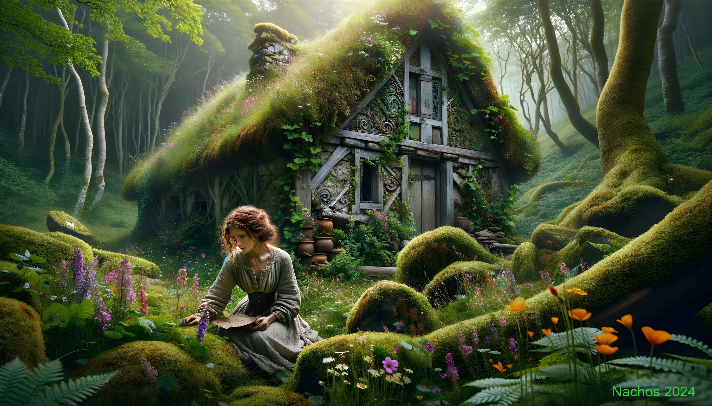 Moss-Covered Cottage in a Serene Forest Setting