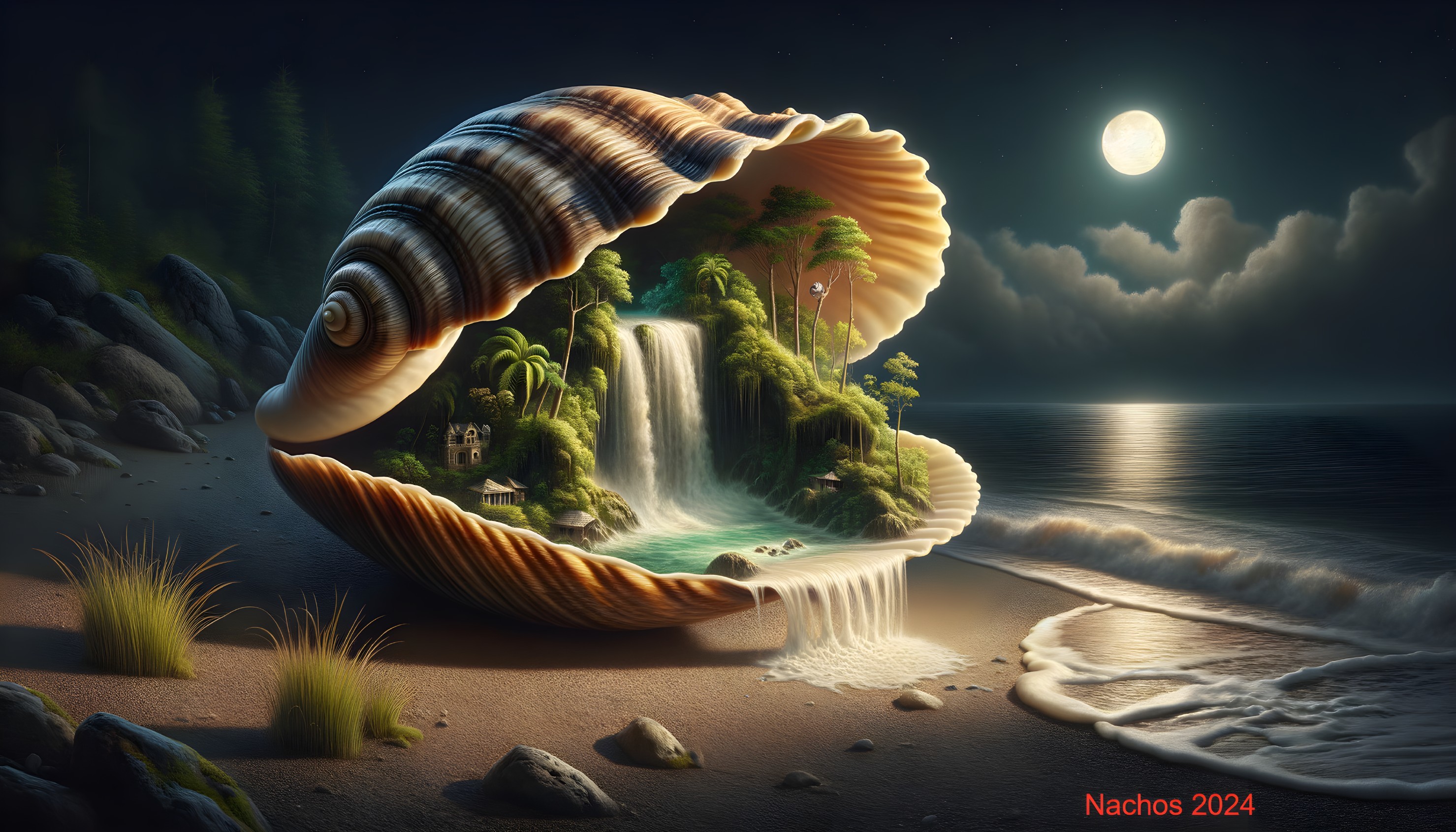 Surreal Landscape Inside a Giant Seashell by the Shore