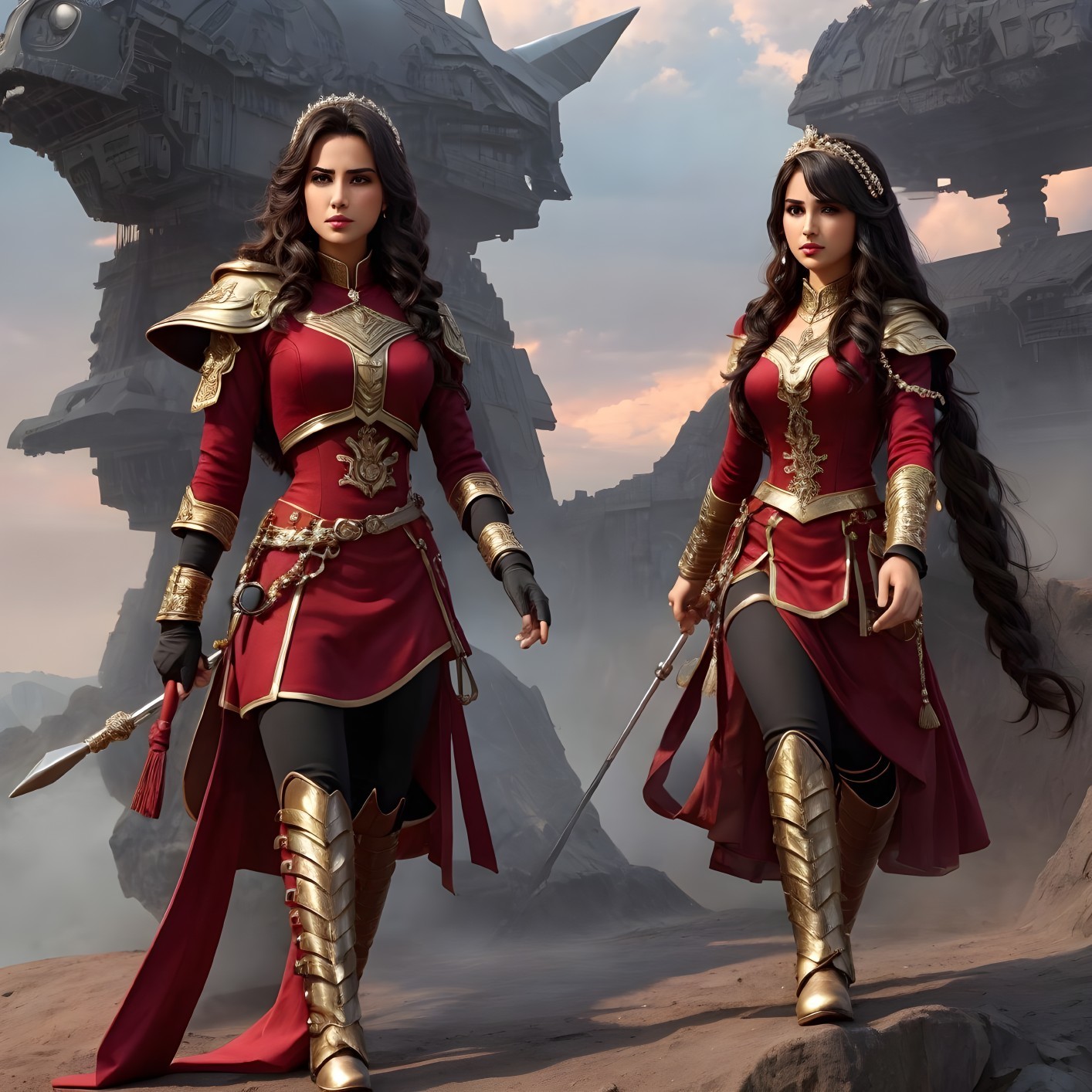Female Warriors in Red and Gold Armor with Ruins