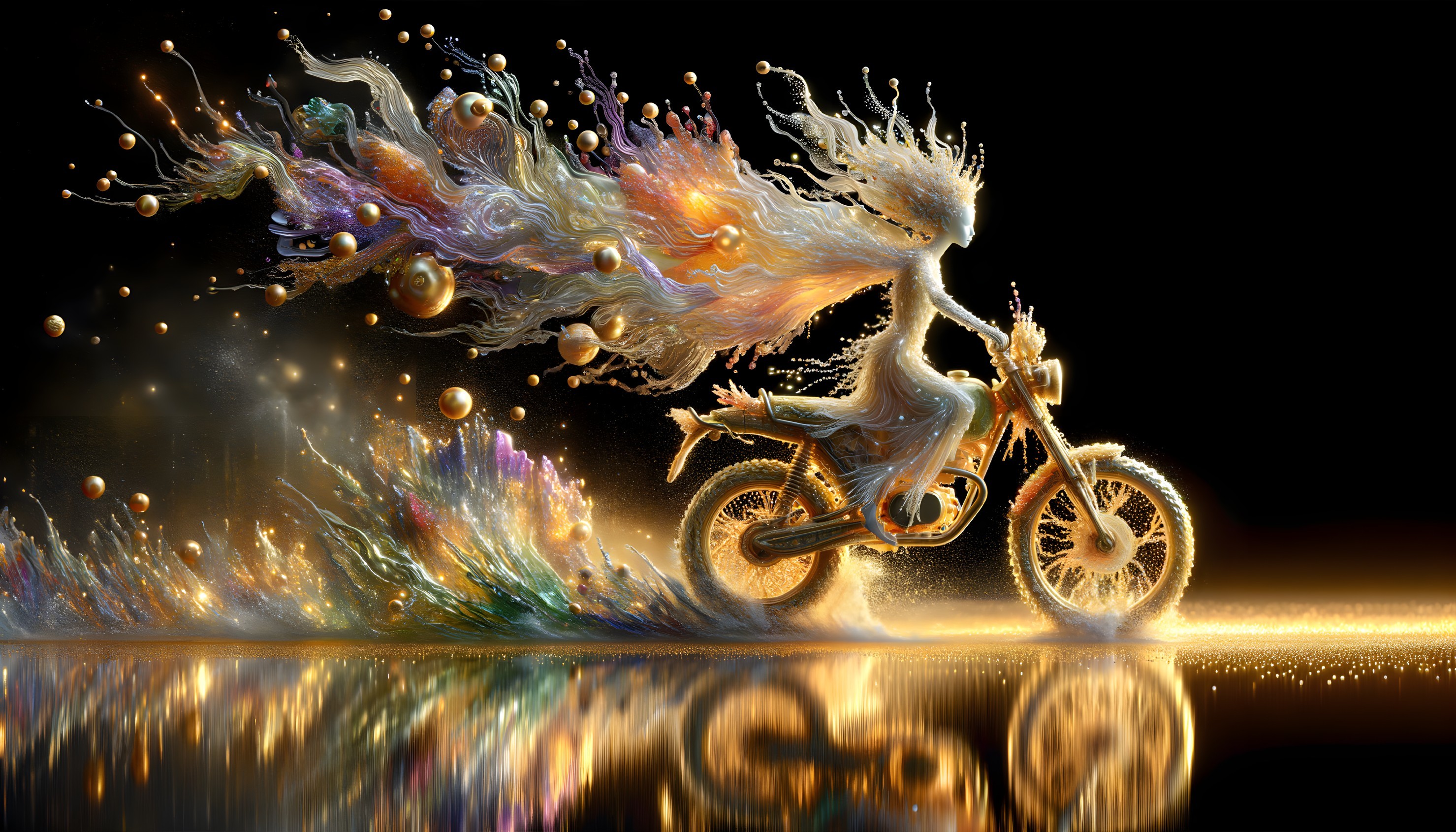 Mystical Figure on Motorcycle with Colorful Swirls